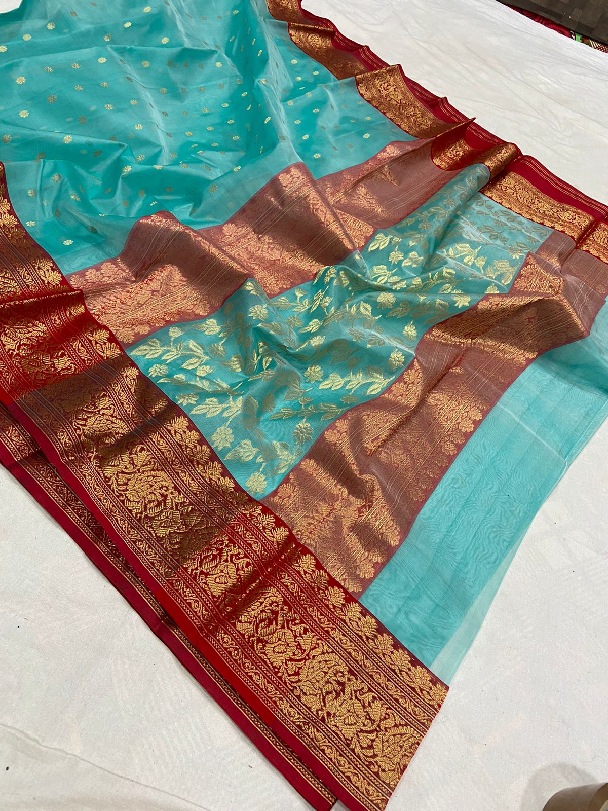 Handwoven Blue Eastern Blue Color Organza Chanderi Katan Silk Saree - Authentic Chanderi silk sarees Chanderi Saree - View 2