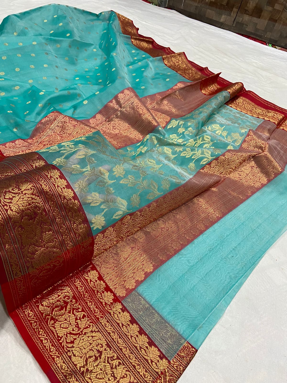 Handwoven Blue Eastern Blue Color Organza Chanderi Katan Silk Saree - Authentic Chanderi silk sarees Chanderi Saree - View 3