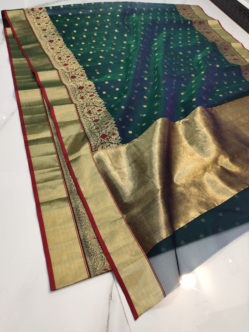 Handwoven Ebony Clay Color Organza Chanderi Katan Silk Saree - Authentic Chanderi silk sarees Chanderi Saree