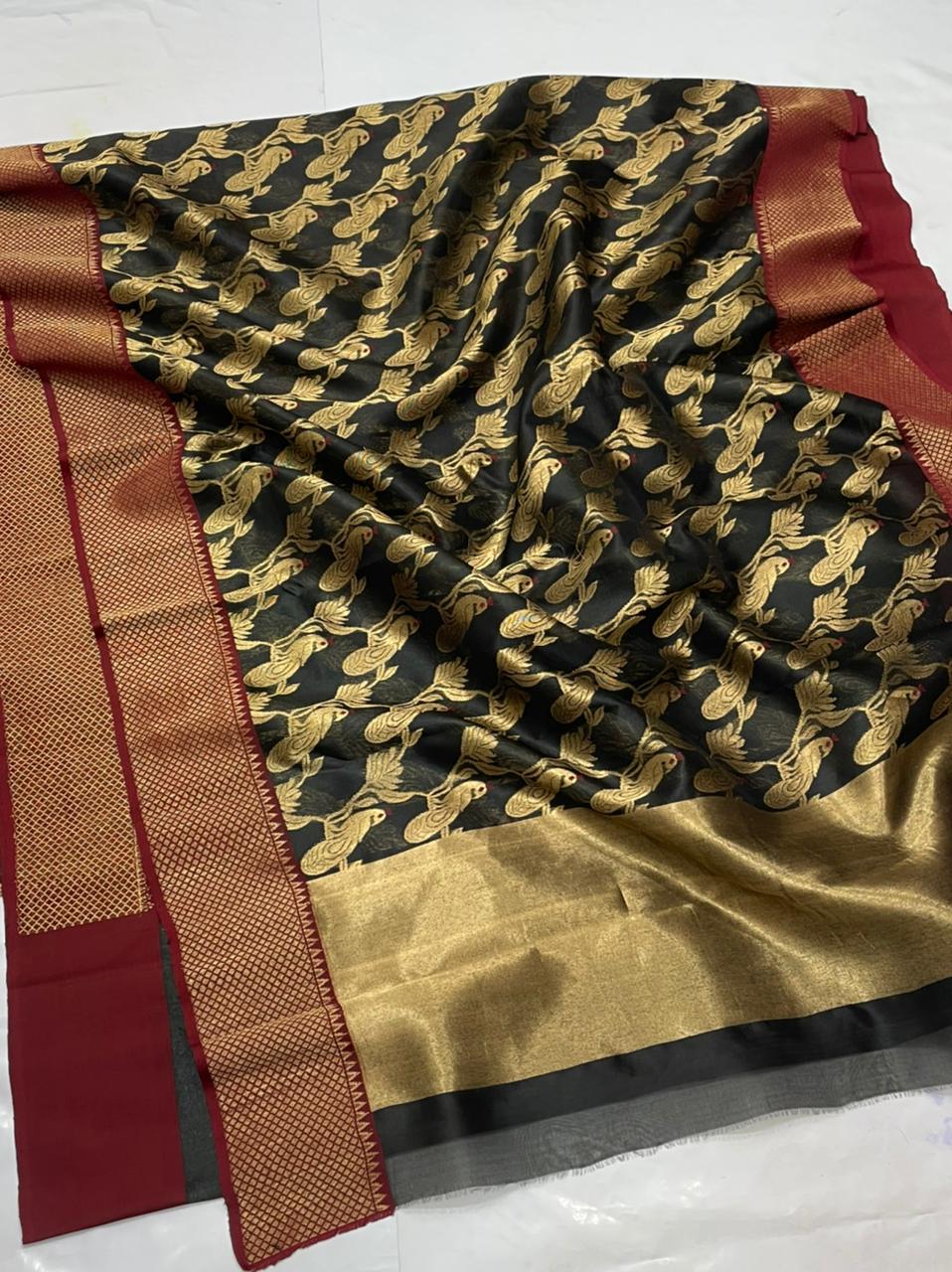 Handwoven Black Eerie Black Color Chanderi Pattu Silk Saree - Authentic Chanderi silk sarees Chanderi Saree - View 1