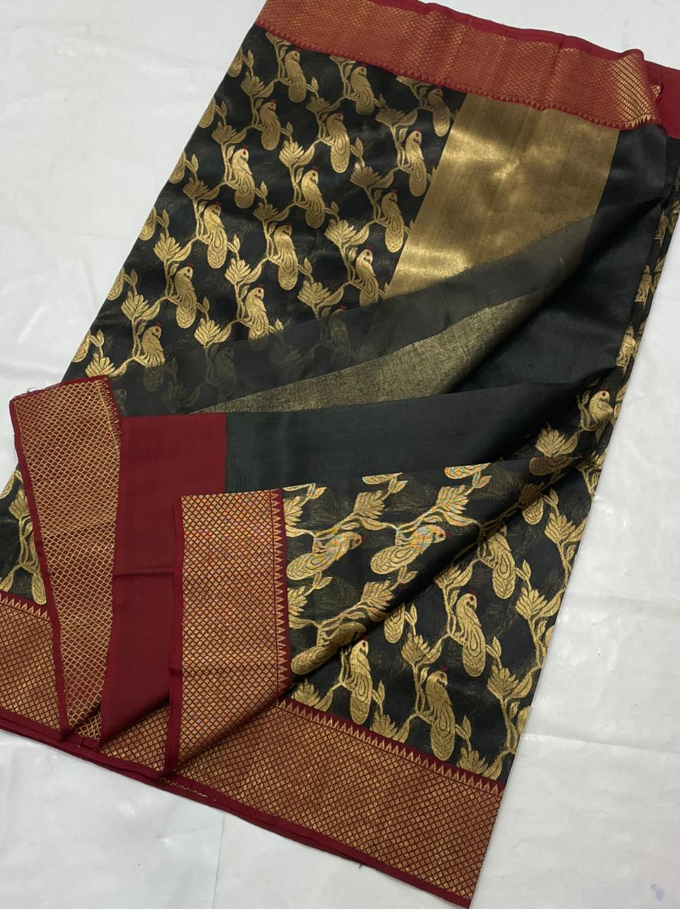 Handwoven Black Eerie Black Color Chanderi Pattu Silk Saree - Authentic Chanderi silk sarees Chanderi Saree - View 3