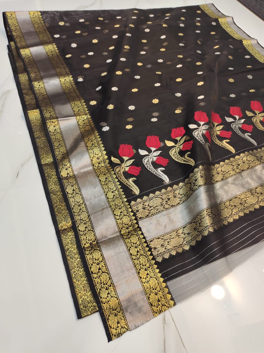 Handwoven Black Eerie Black Color Organza Chanderi Katan Silk Saree - Authentic Chanderi silk sarees Chanderi Saree - View 1