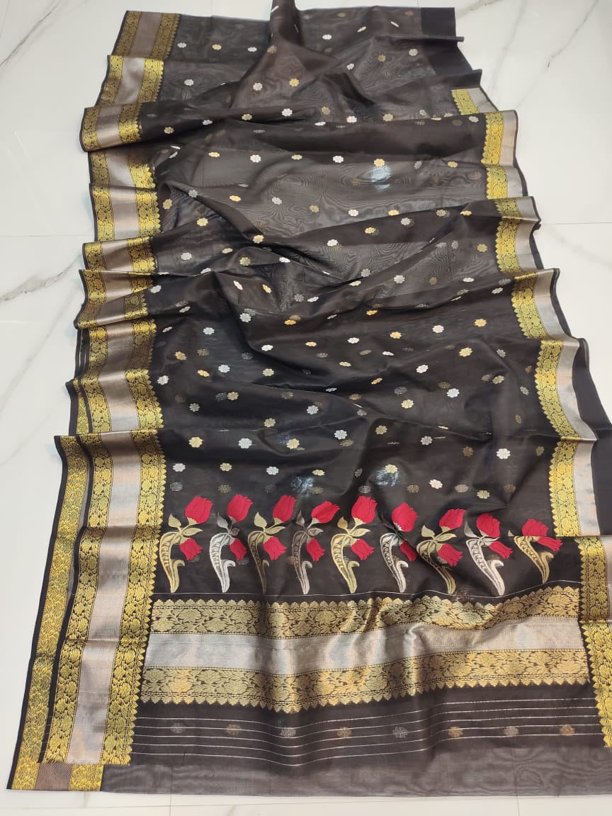 Handwoven Black Eerie Black Color Organza Chanderi Katan Silk Saree - Authentic Chanderi silk sarees Chanderi Saree - View 2