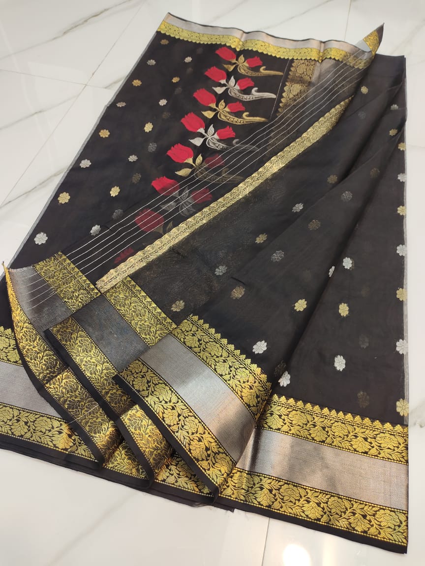 Handwoven Black Eerie Black Color Organza Chanderi Katan Silk Saree - Authentic Chanderi silk sarees Chanderi Saree - View 3