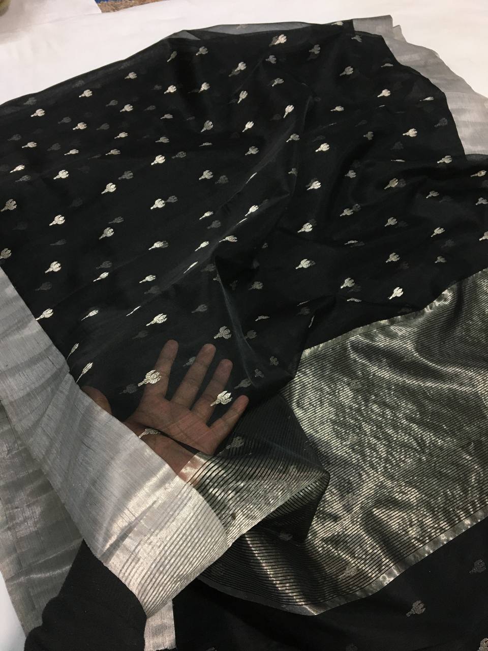 Handwoven Black Eerie Black Color Organza Chanderi Katan Silk Saree - Authentic Chanderi silk sarees Chanderi Saree - View 3