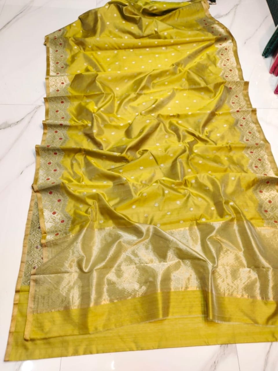 Elegant Lime Yellow with Antique Silver Zari and Butta Work Chanderi Pattu Silk Saree - Handloom Chanderi Saree