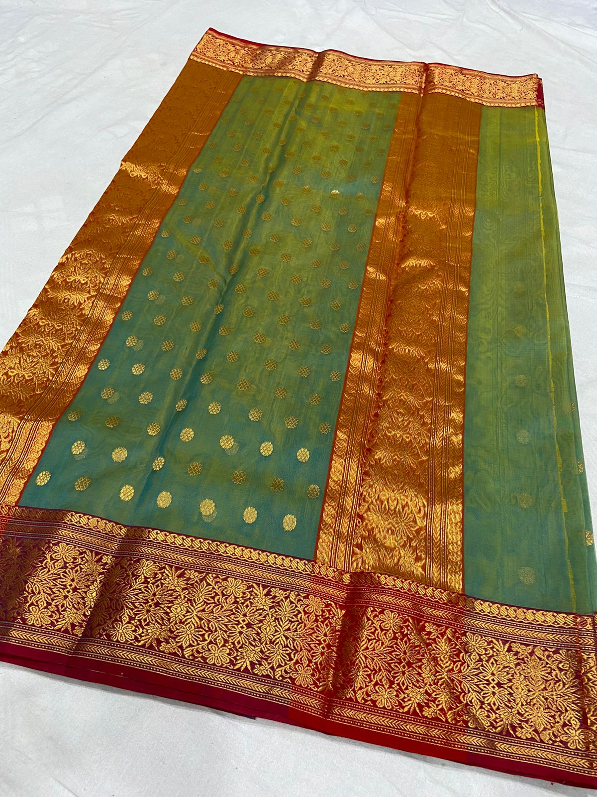 Handwoven Eucalyptus Color Organza Chanderi Katan Silk Saree - Authentic Chanderi silk sarees Chanderi Saree - View 1