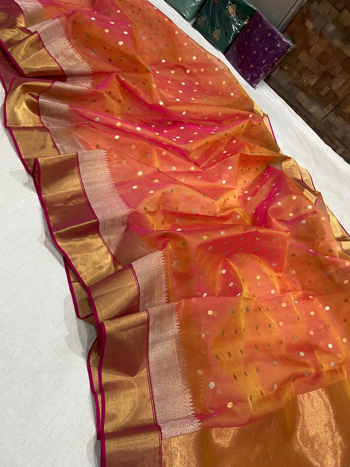 Handwoven Flame Pea Color Organza Chanderi Katan Silk Saree - Authentic Chanderi silk sarees Chanderi Saree - View 1