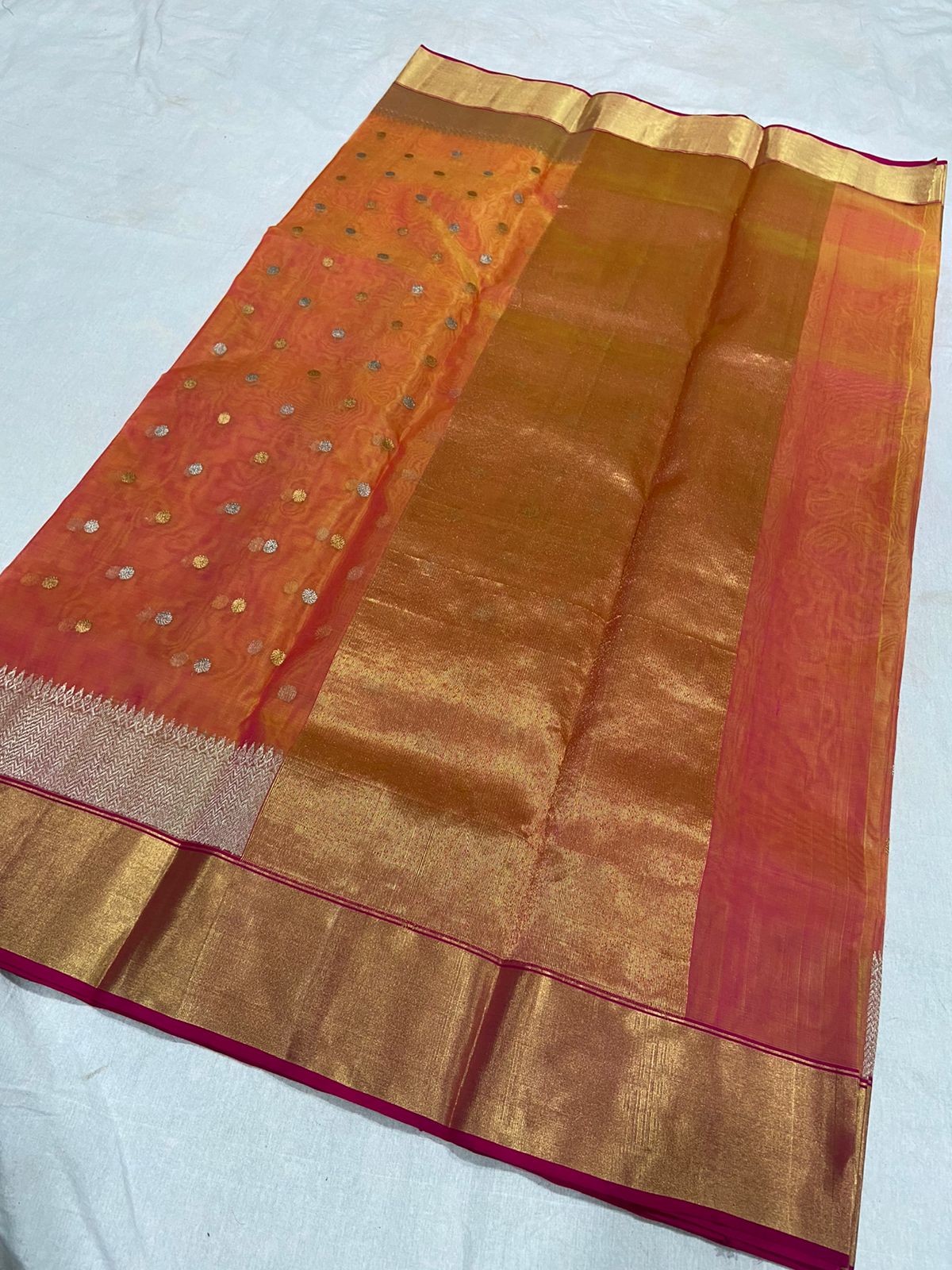 Handwoven Flame Pea Color Organza Chanderi Katan Silk Saree - Authentic Chanderi silk sarees Chanderi Saree - View 2