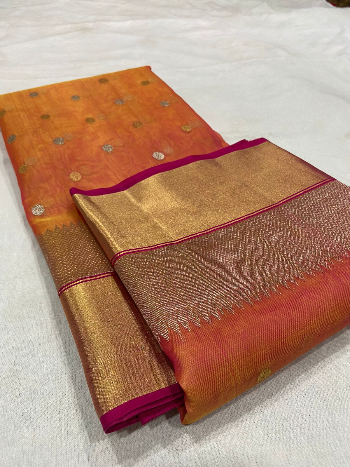 Handwoven Flame Pea Color Organza Chanderi Katan Silk Saree - Authentic Chanderi silk sarees Chanderi Saree - View 3
