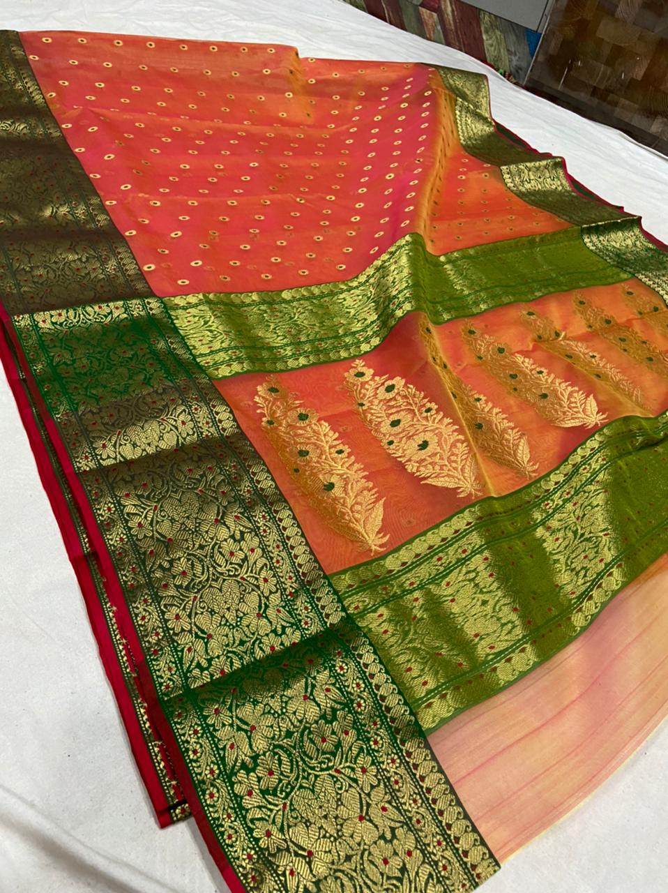 Handwoven Flame pea Color Organza Chanderi Katan Silk Saree - Authentic Chanderi silk sarees Chanderi Saree