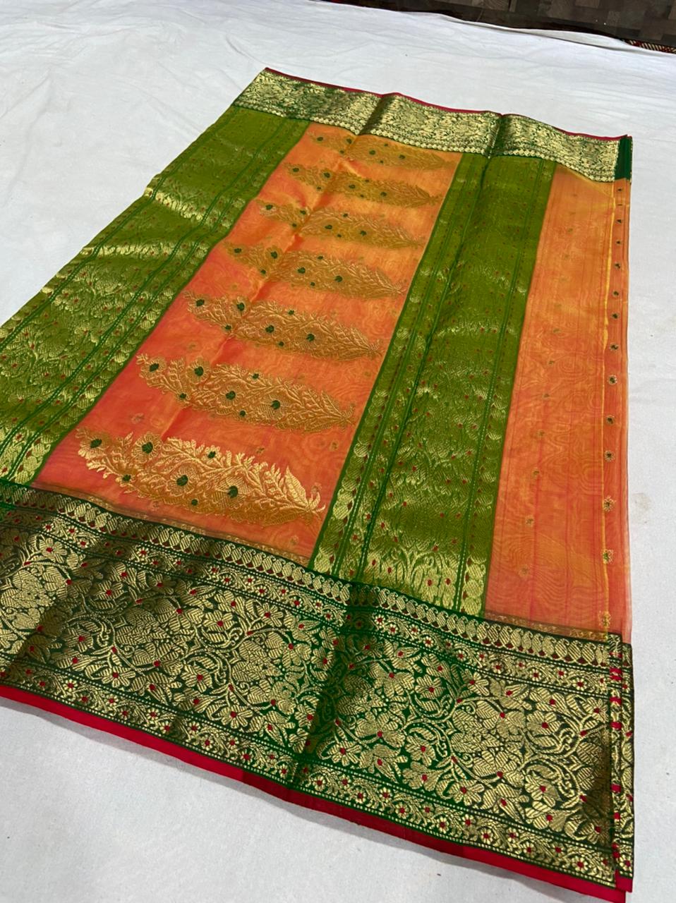 Handwoven Flame pea Color Organza Chanderi Katan Silk Saree - Authentic Chanderi silk sarees Chanderi Saree - View 2