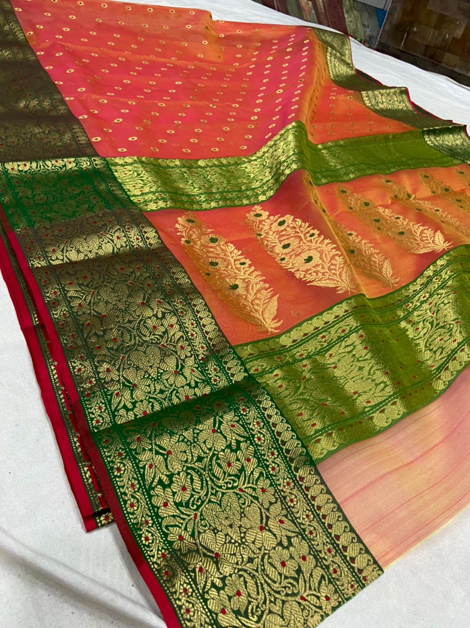 Handwoven Flame pea Color Organza Chanderi Katan Silk Saree - Authentic Chanderi silk sarees Chanderi Saree - View 3