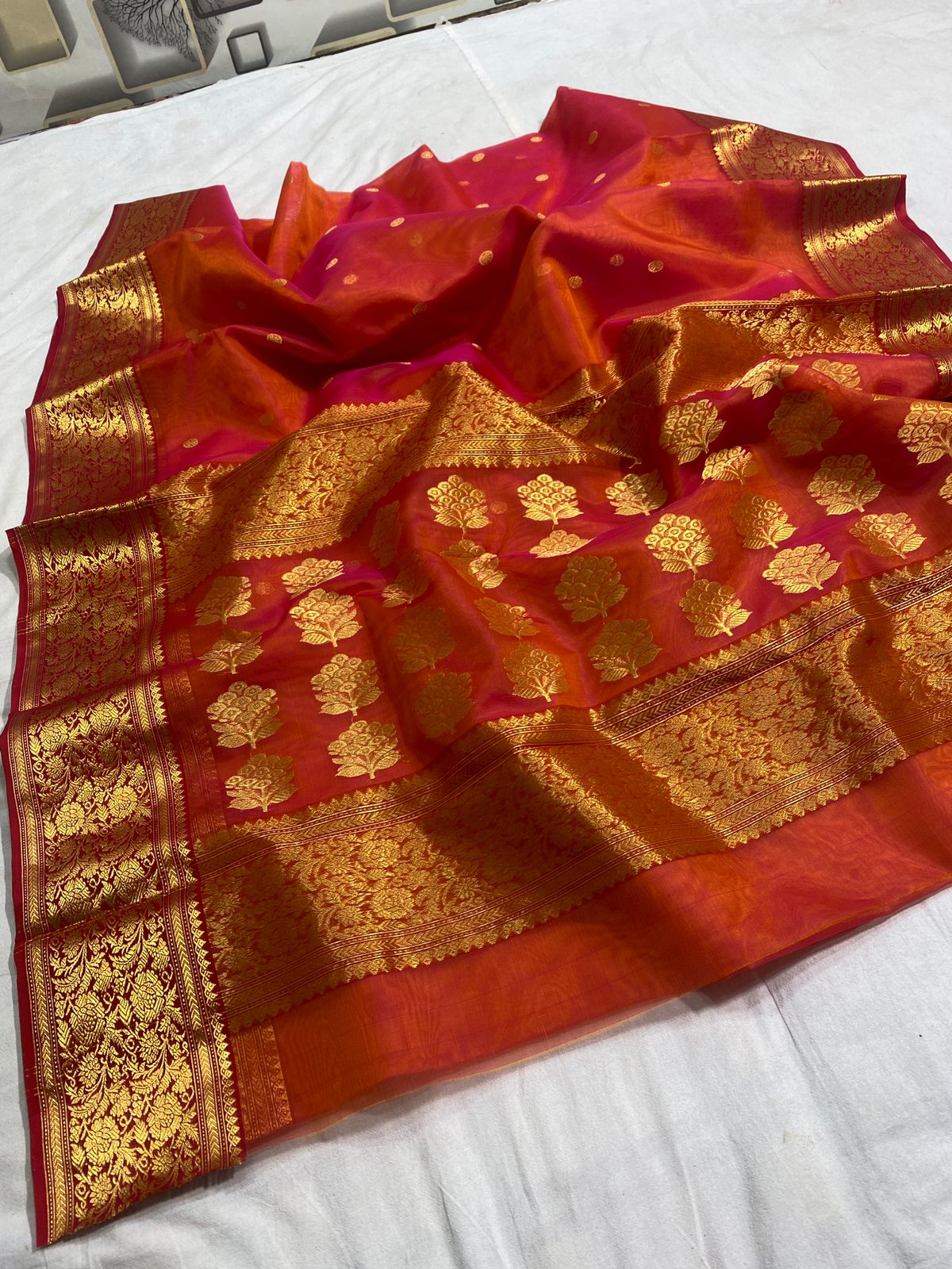 Handwoven Flamingo Color Organza Chanderi Katan Silk Saree - Authentic Chanderi silk sarees Chanderi Saree - View 2