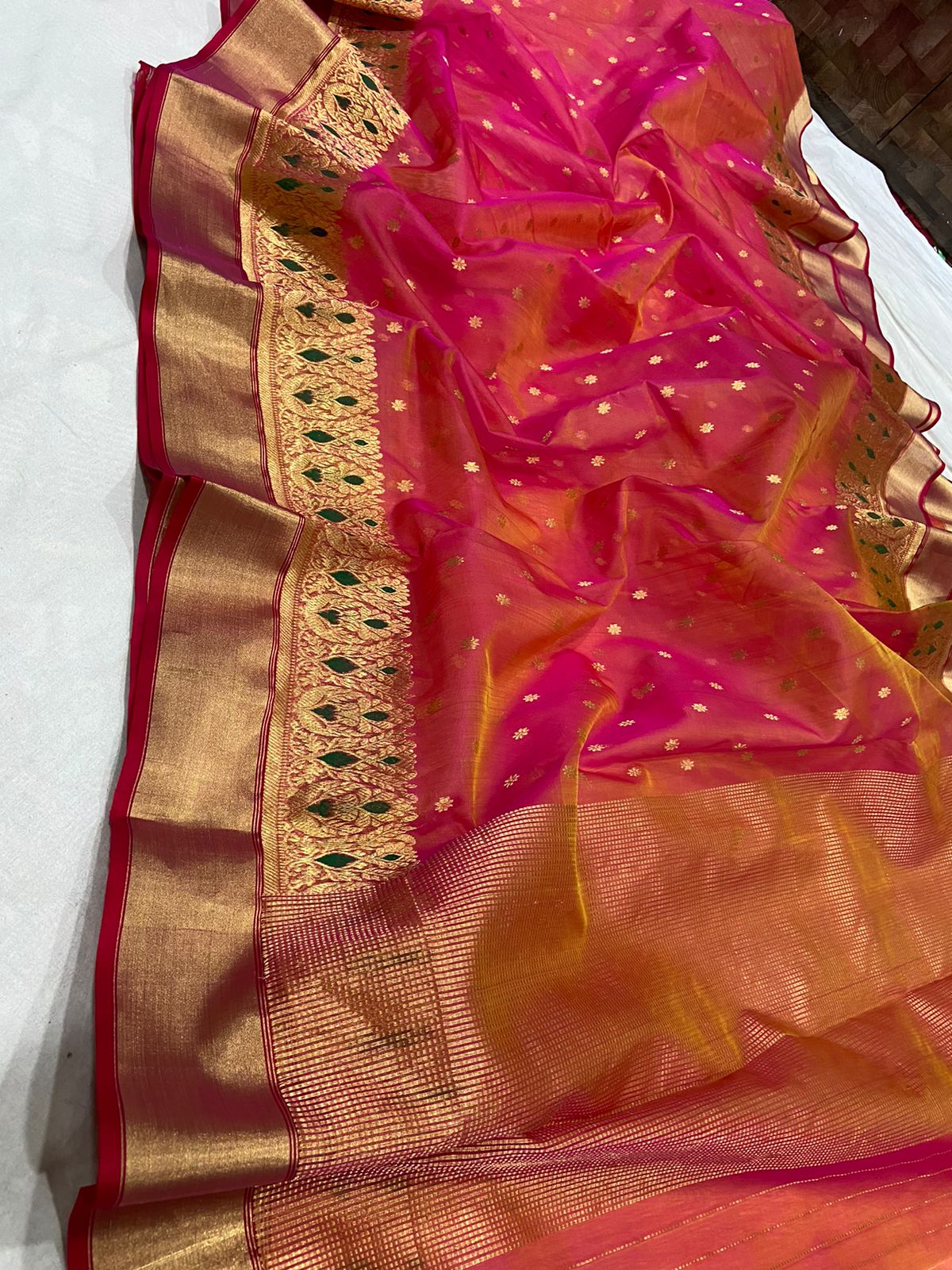 Handwoven Flush Mahogany Color Organza Chanderi Katan Silk Saree - Authentic Chanderi silk sarees Chanderi Saree