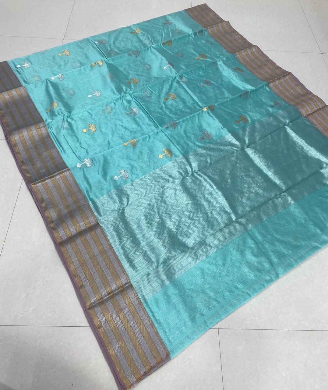 Handwoven Blue Fountain Blue Color Chanderi Pattu Silk Saree - Authentic Chanderi silk sarees Chanderi Saree - View 1
