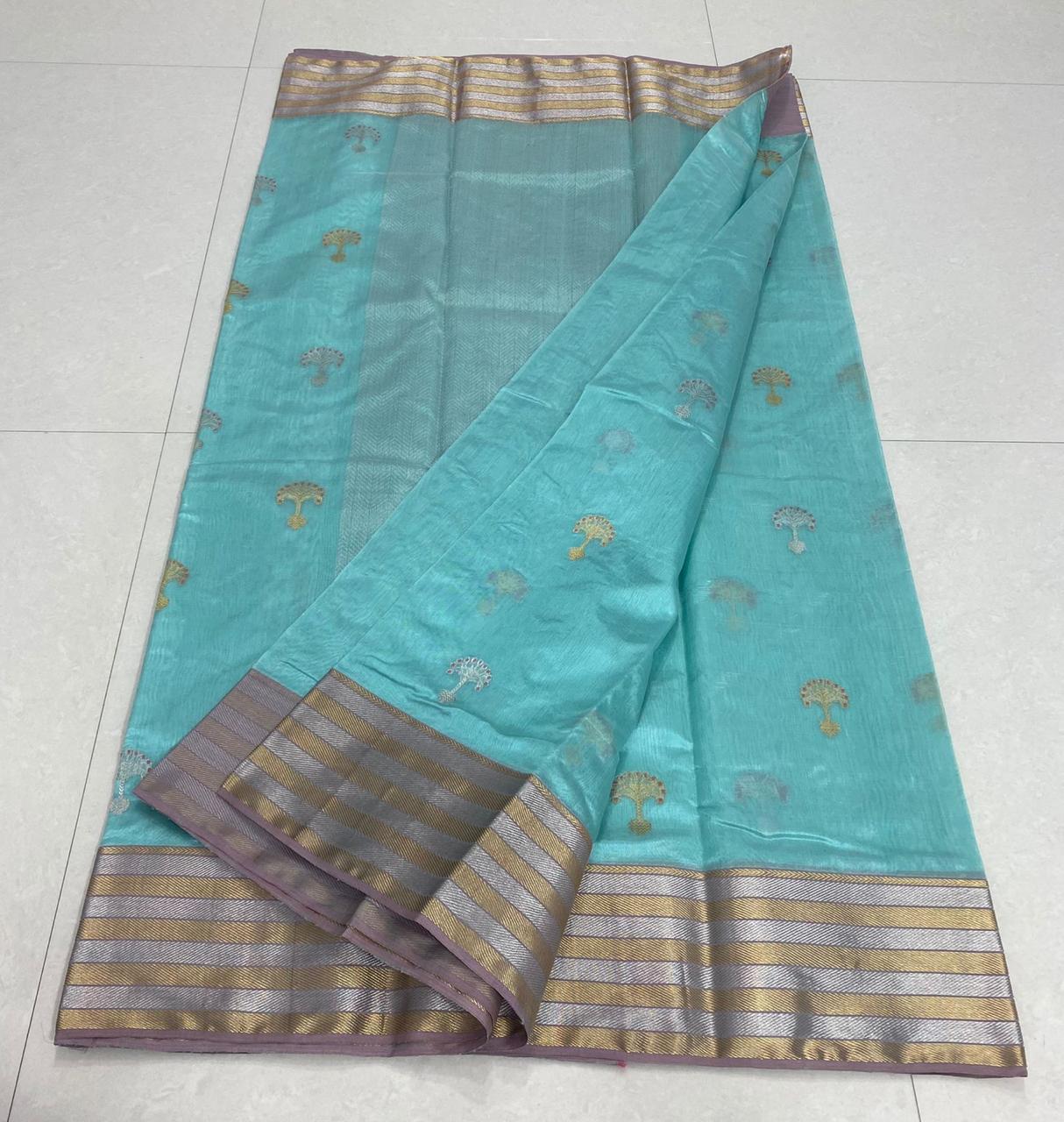 Handwoven Blue Fountain Blue Color Chanderi Pattu Silk Saree - Authentic Chanderi silk sarees Chanderi Saree - View 2