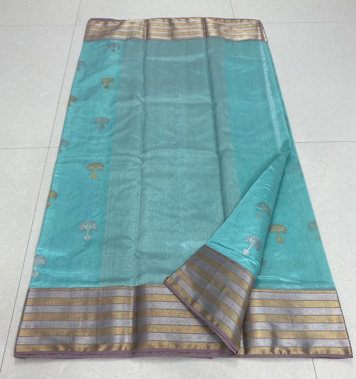 Handwoven Blue Fountain Blue Color Chanderi Pattu Silk Saree - Authentic Chanderi silk sarees Chanderi Saree - View 3