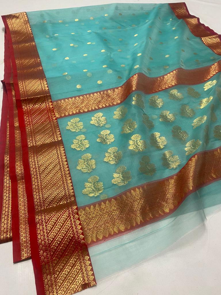 Handwoven Blue Fountain Blue Color Organza Chanderi Katan Silk Saree - Authentic Chanderi silk sarees Chanderi Saree