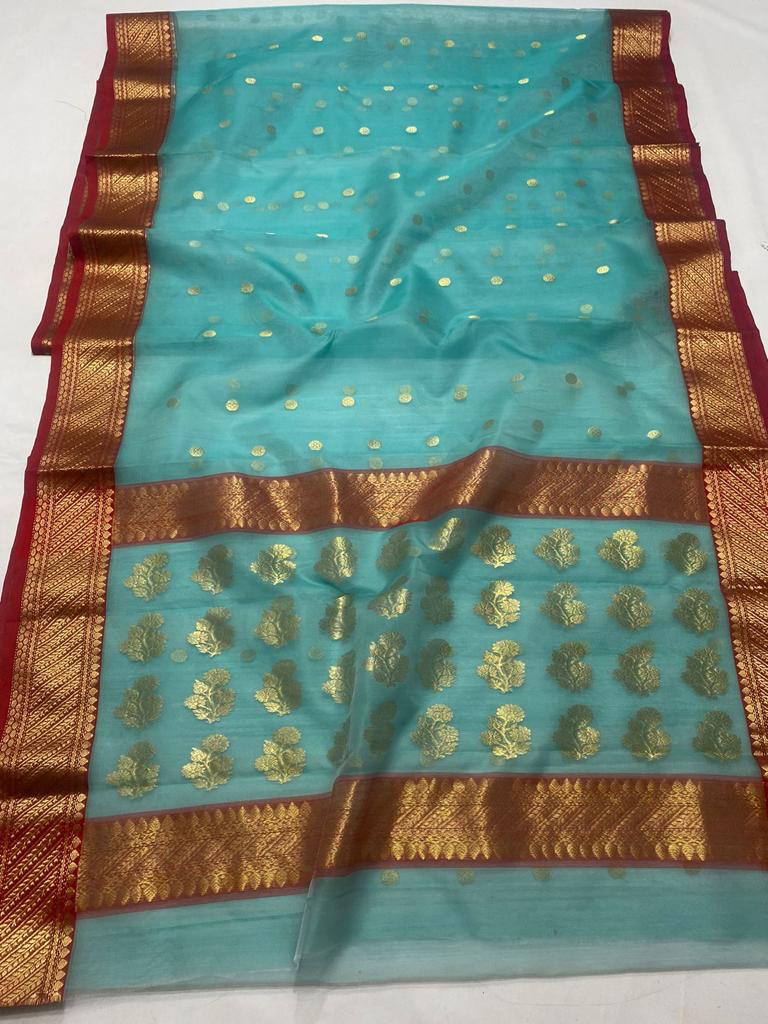 Handwoven Blue Fountain Blue Color Organza Chanderi Katan Silk Saree - Authentic Chanderi silk sarees Chanderi Saree - View 2