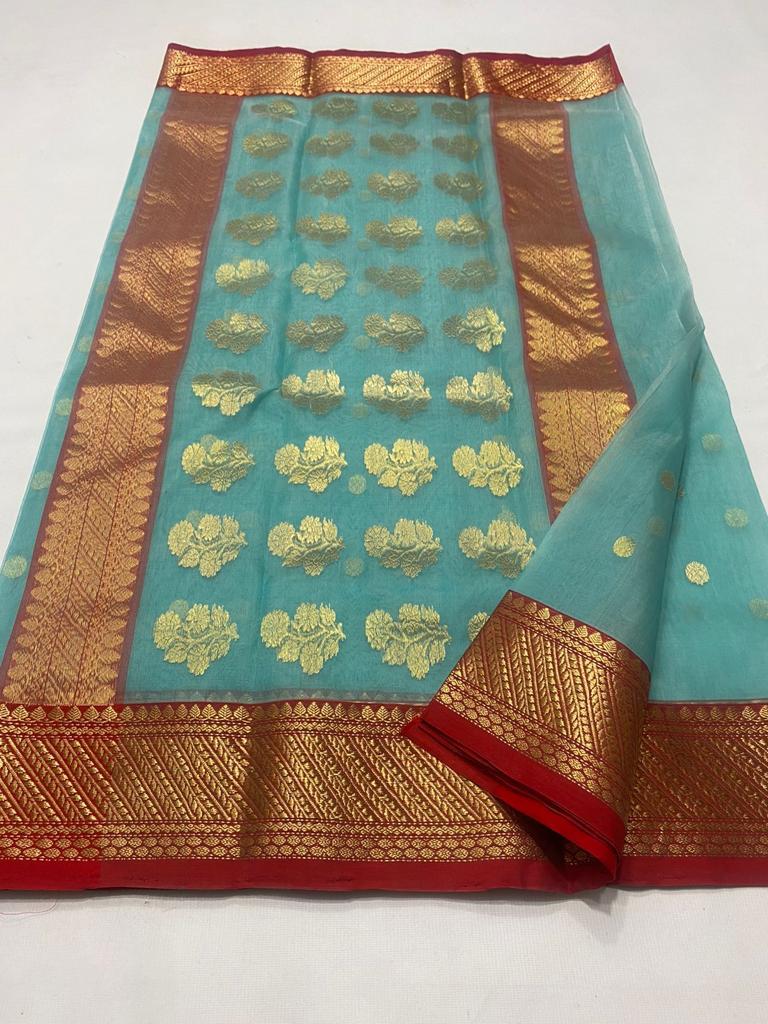 Handwoven Blue Fountain Blue Color Organza Chanderi Katan Silk Saree - Authentic Chanderi silk sarees Chanderi Saree - View 3
