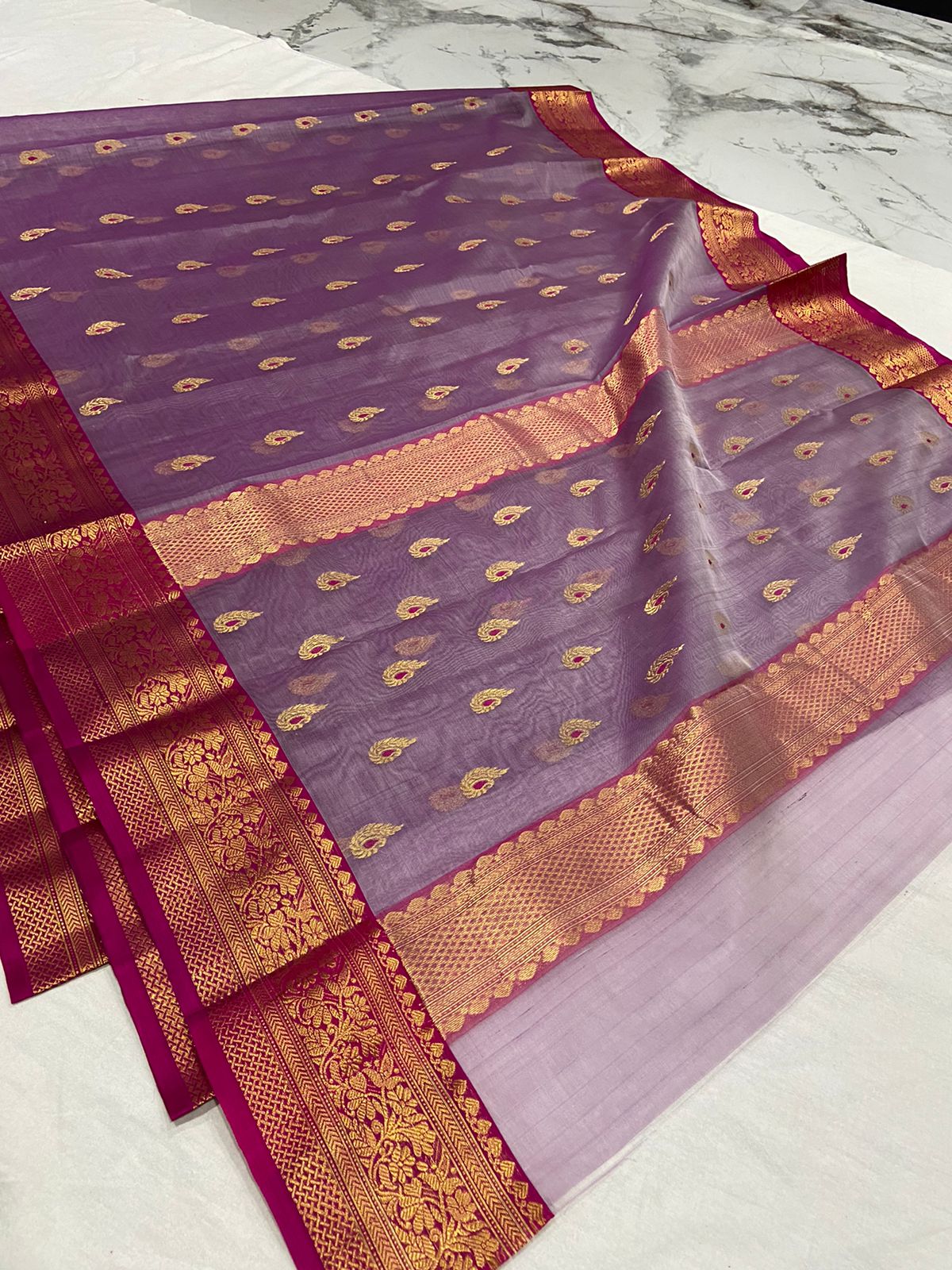 Handwoven French Lilac Color Organza Chanderi Katan Silk Saree - Authentic Chanderi silk sarees Chanderi Saree
