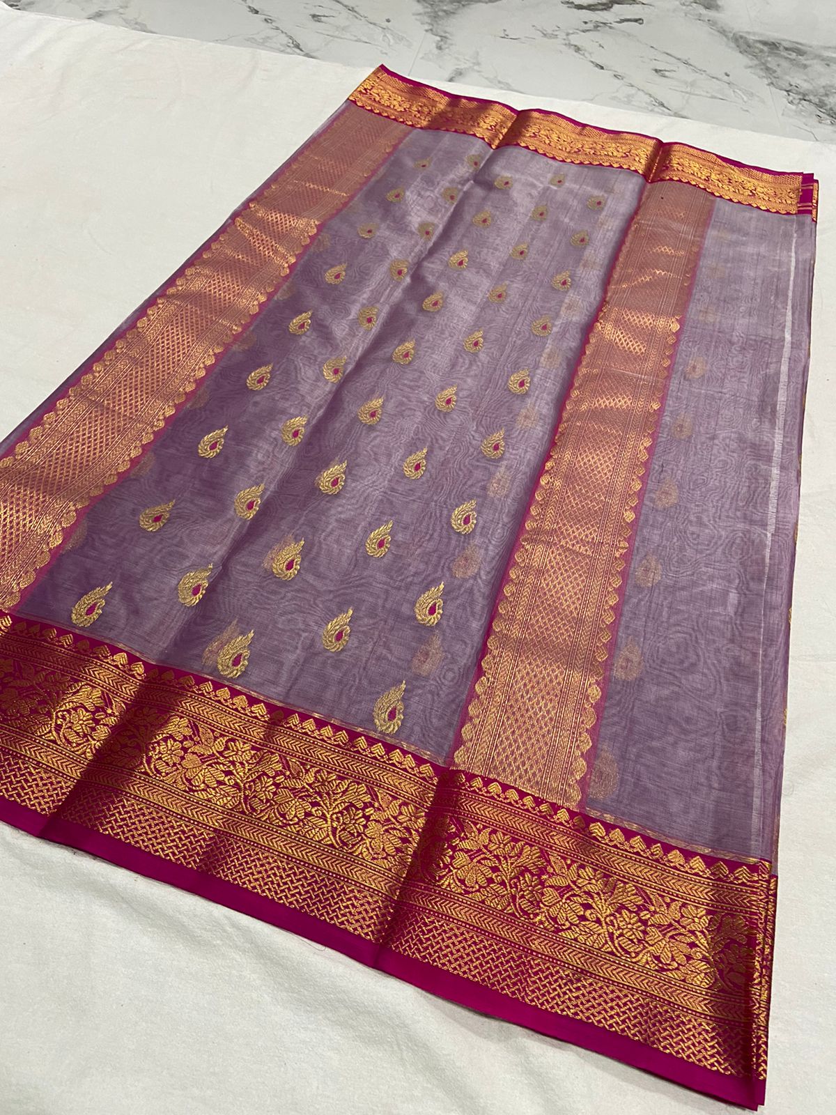 Handwoven French Lilac Color Organza Chanderi Katan Silk Saree - Authentic Chanderi silk sarees Chanderi Saree - View 2