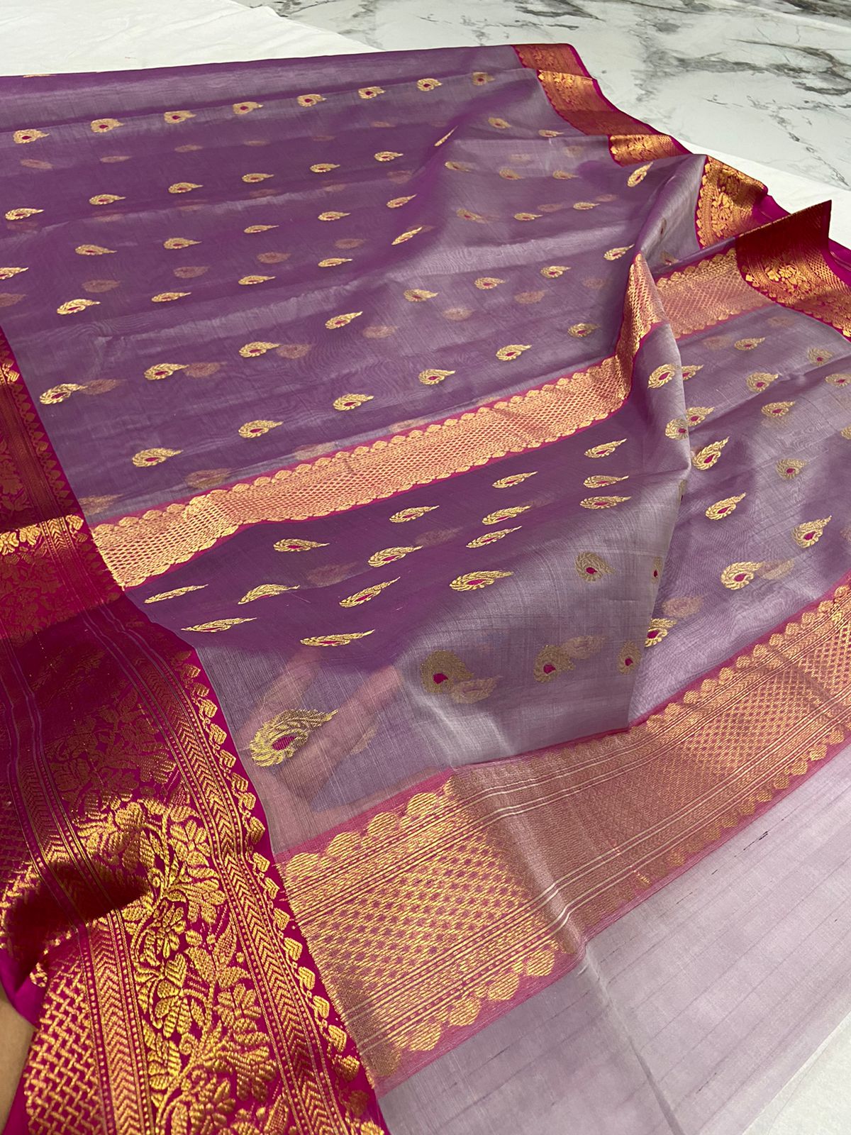 Handwoven French Lilac Color Organza Chanderi Katan Silk Saree - Authentic Chanderi silk sarees Chanderi Saree - View 3