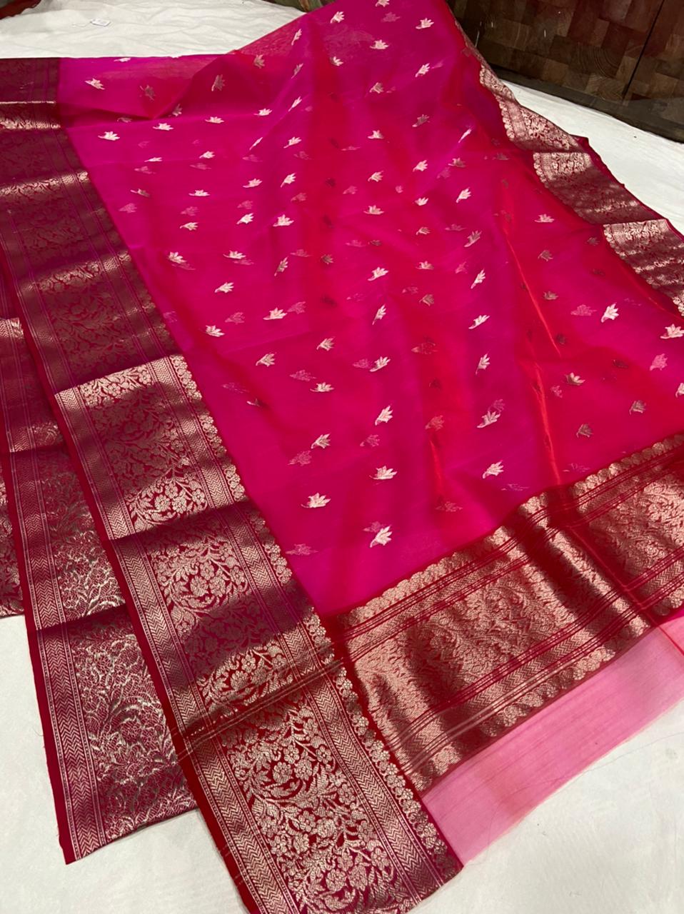 Handwoven Fresh Eggplant Color Organza Chanderi Katan Silk Saree - Authentic Chanderi silk sarees Chanderi Saree - View 1