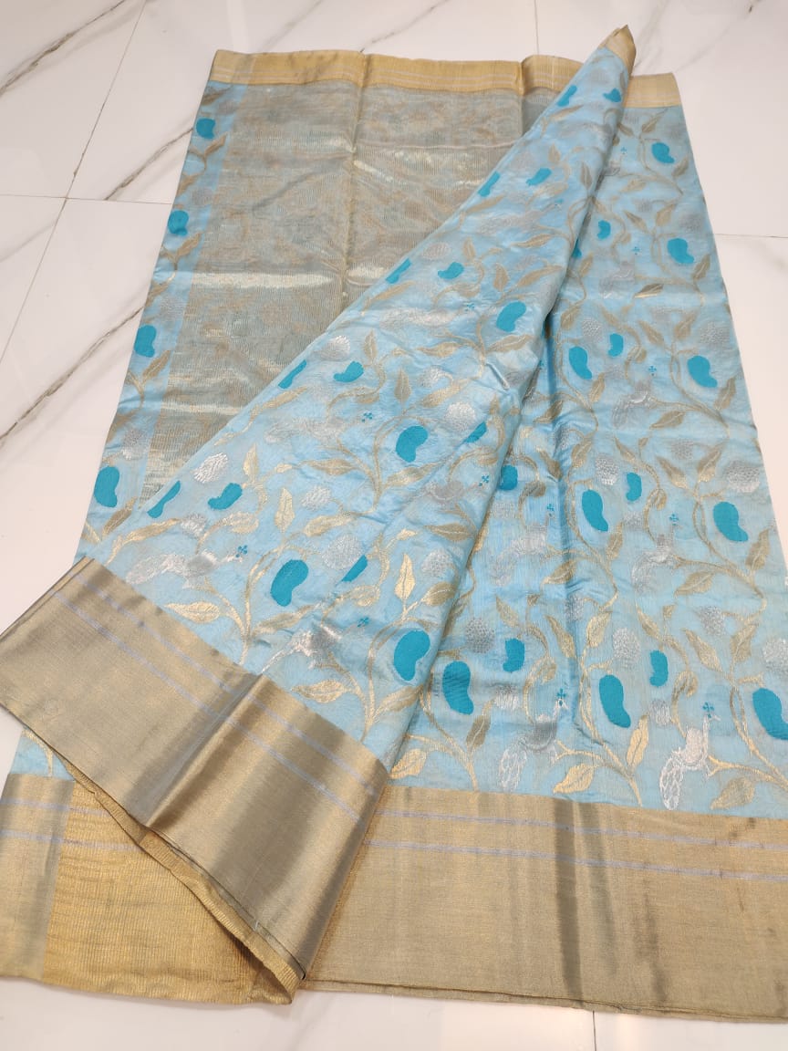 Handwoven Glacier Color Chanderi Pattu Silk Saree - Authentic Chanderi silk sarees Chanderi Saree