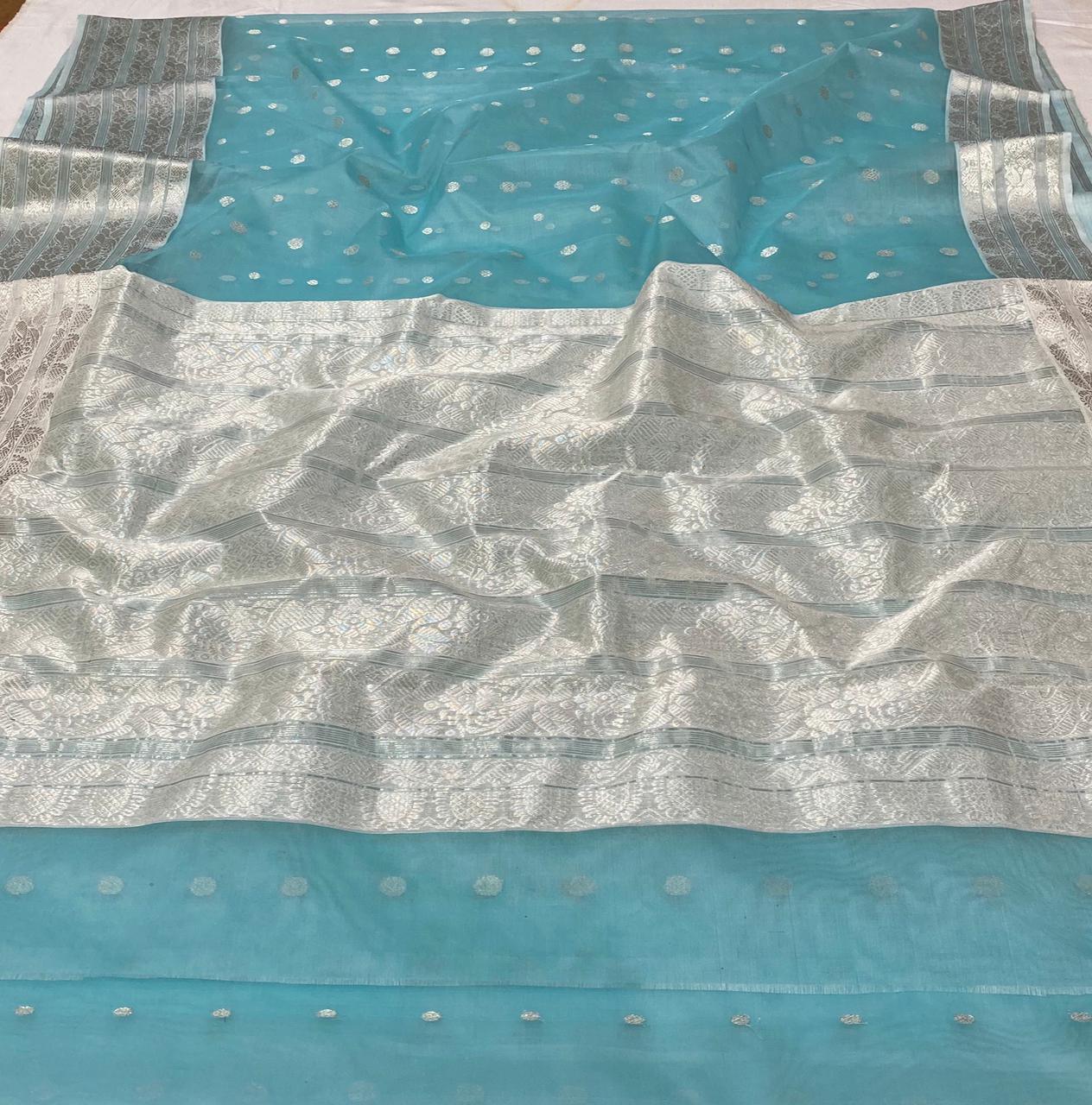 Handwoven Glacier Color Organza Chanderi Katan Silk Saree - Authentic Chanderi silk sarees Chanderi Saree