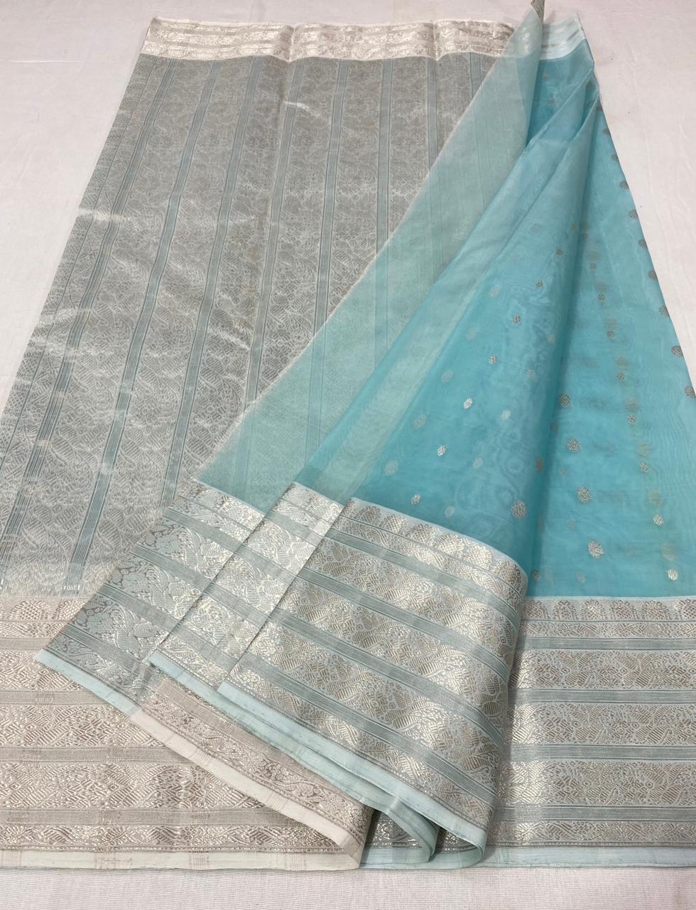 Handwoven Glacier Color Organza Chanderi Katan Silk Saree - Authentic Chanderi silk sarees Chanderi Saree - View 2