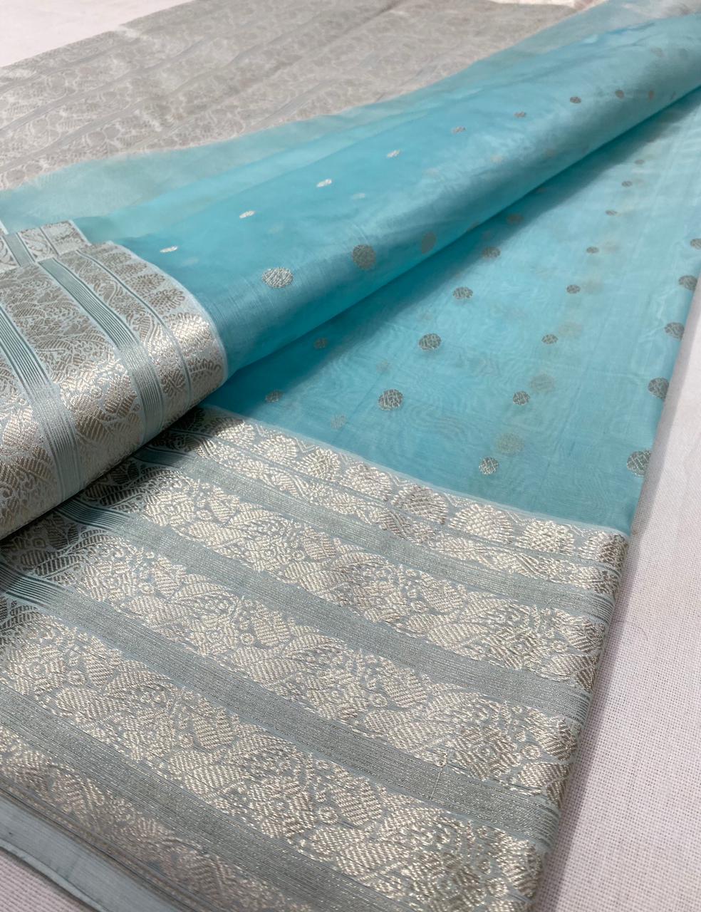 Handwoven Glacier Color Organza Chanderi Katan Silk Saree - Authentic Chanderi silk sarees Chanderi Saree - View 3