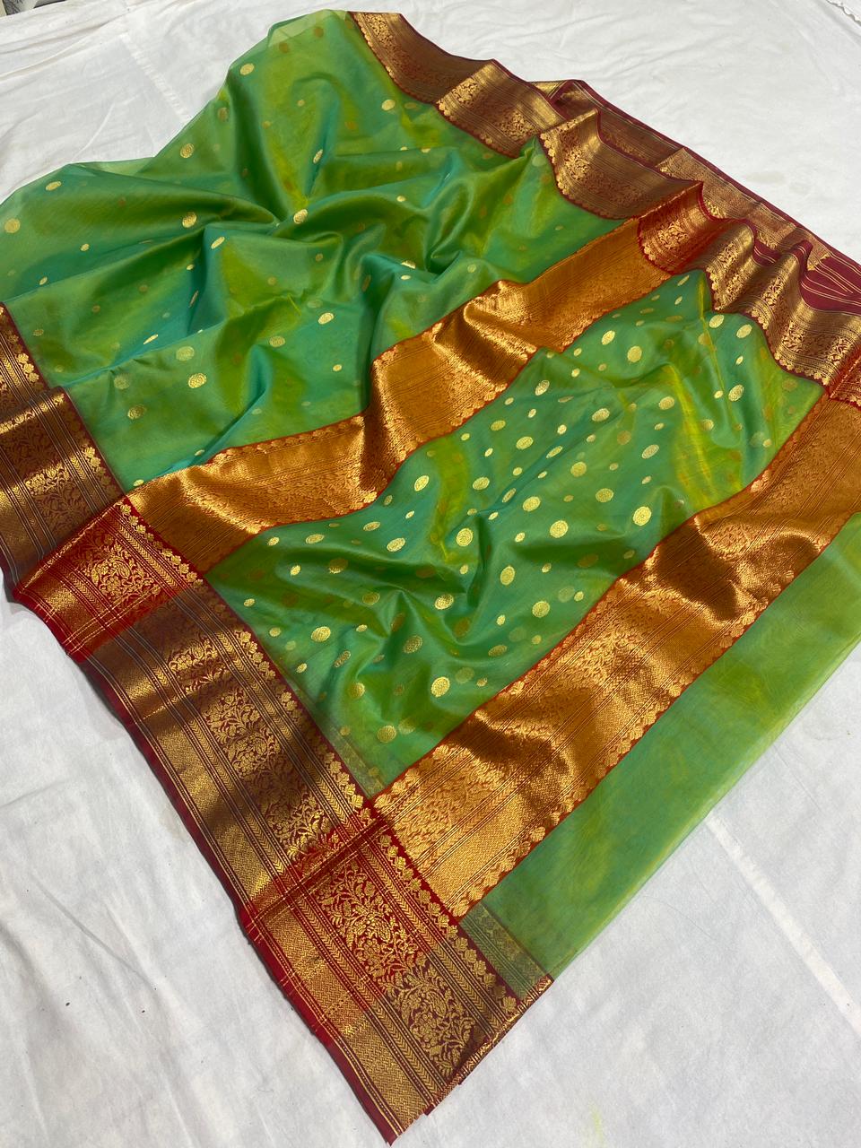 Handwoven Goblin Color Organza Chanderi Katan Silk Saree - Authentic Chanderi silk sarees Chanderi Saree