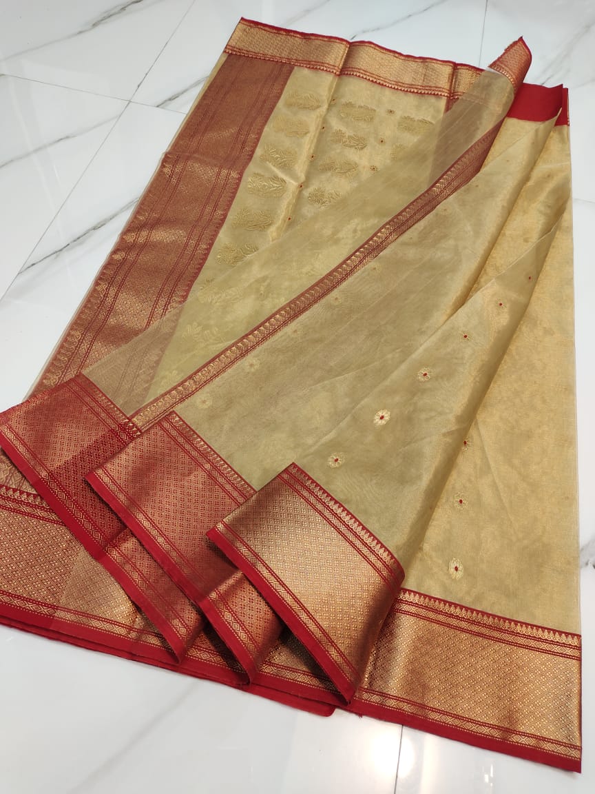 Handwoven Gold Gold Sand Color Organza Chanderi Katan Silk Saree - Authentic Chanderi silk sarees Chanderi Saree - View 2