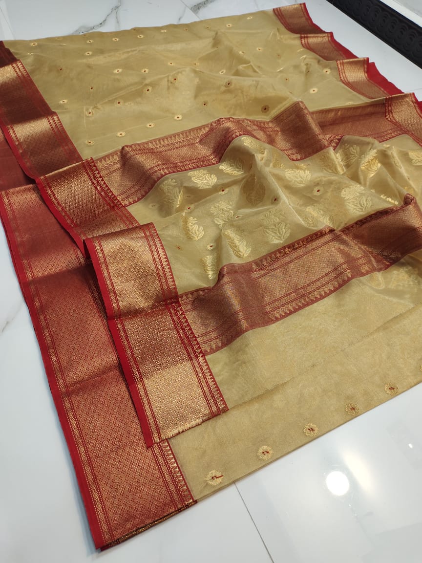 Handwoven Gold Gold Sand Color Organza Chanderi Katan Silk Saree - Authentic Chanderi silk sarees Chanderi Saree - View 3