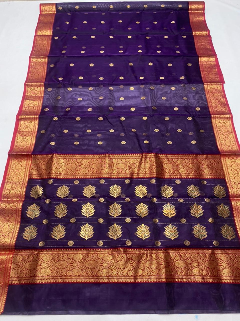 Handwoven Grape Color Organza Chanderi Katan Silk Saree - Authentic Chanderi silk sarees Chanderi Saree