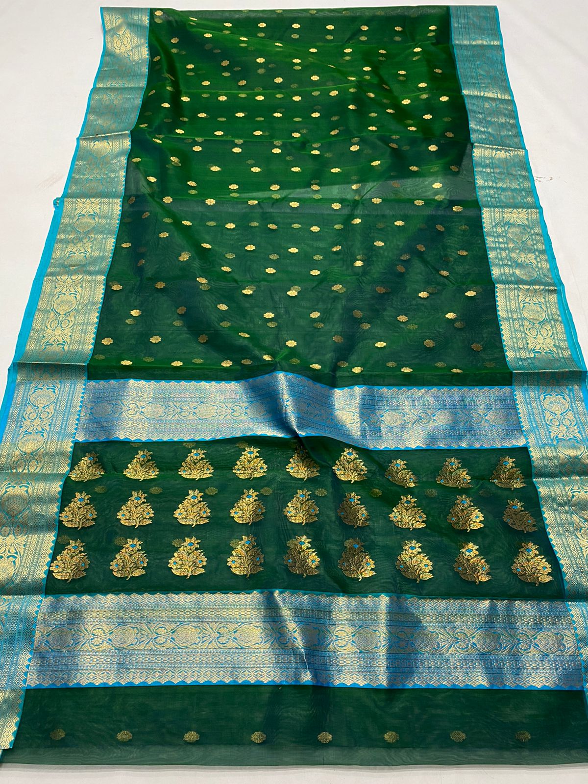 Handwoven Green Green Pea Color Organza Chanderi Katan Silk Saree - Authentic Chanderi silk sarees Chanderi Saree