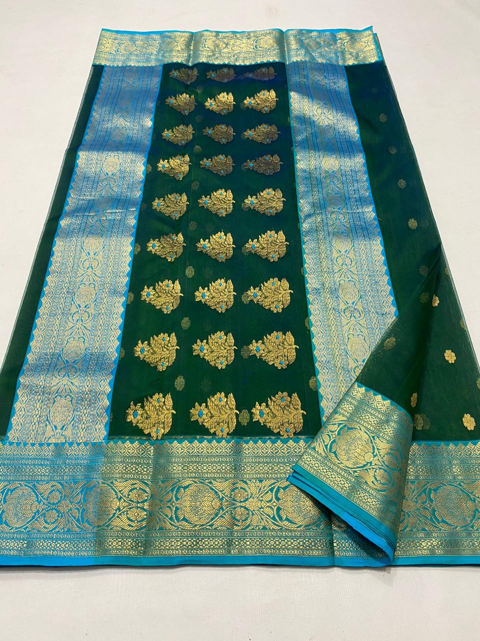 Handwoven Green Green Pea Color Organza Chanderi Katan Silk Saree - Authentic Chanderi silk sarees Chanderi Saree - View 3