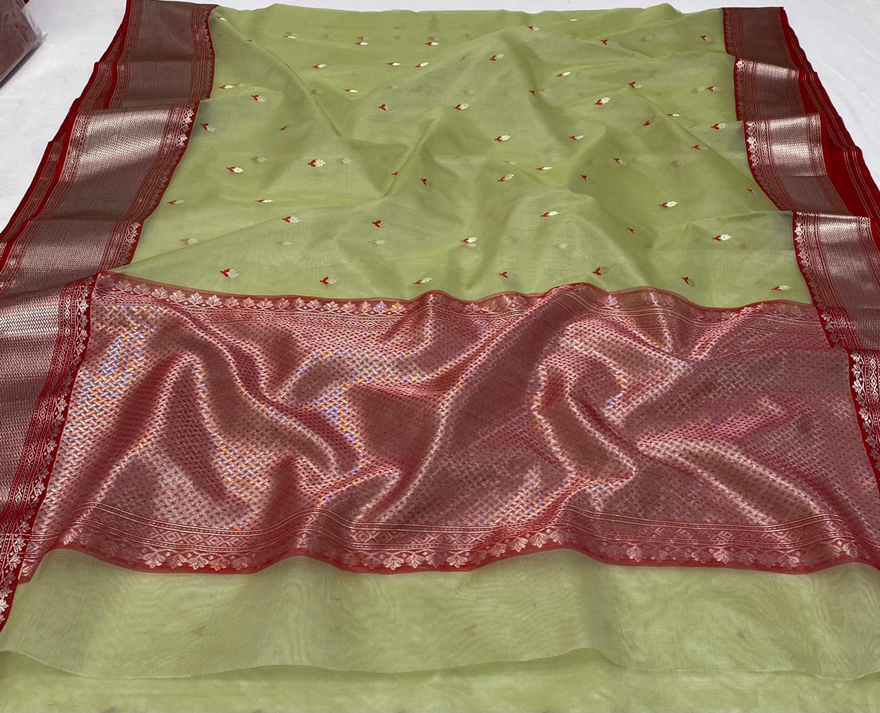Handwoven Green Green Smoke Color Organza Chanderi Katan Silk Saree - Authentic Chanderi silk sarees Chanderi Saree - View 1