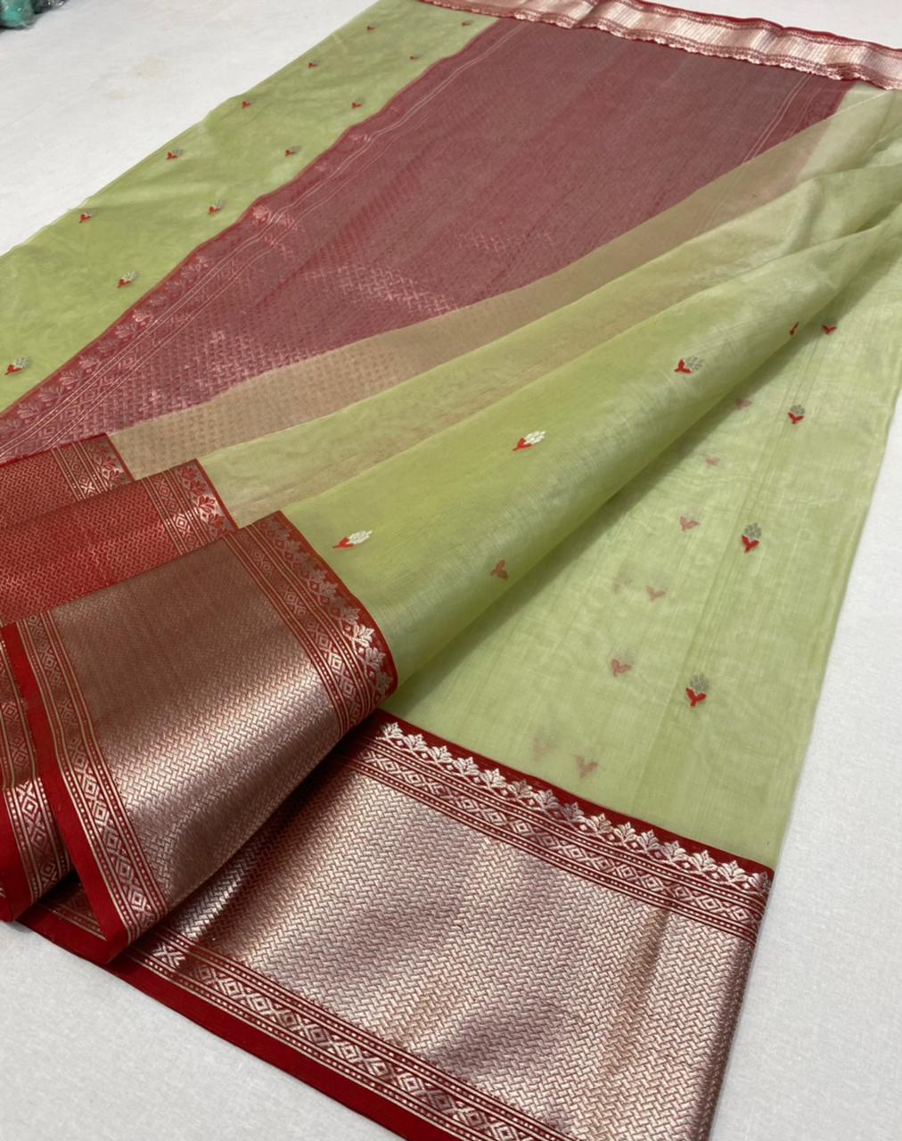 Handwoven Green Green Smoke Color Organza Chanderi Katan Silk Saree - Authentic Chanderi silk sarees Chanderi Saree - View 2