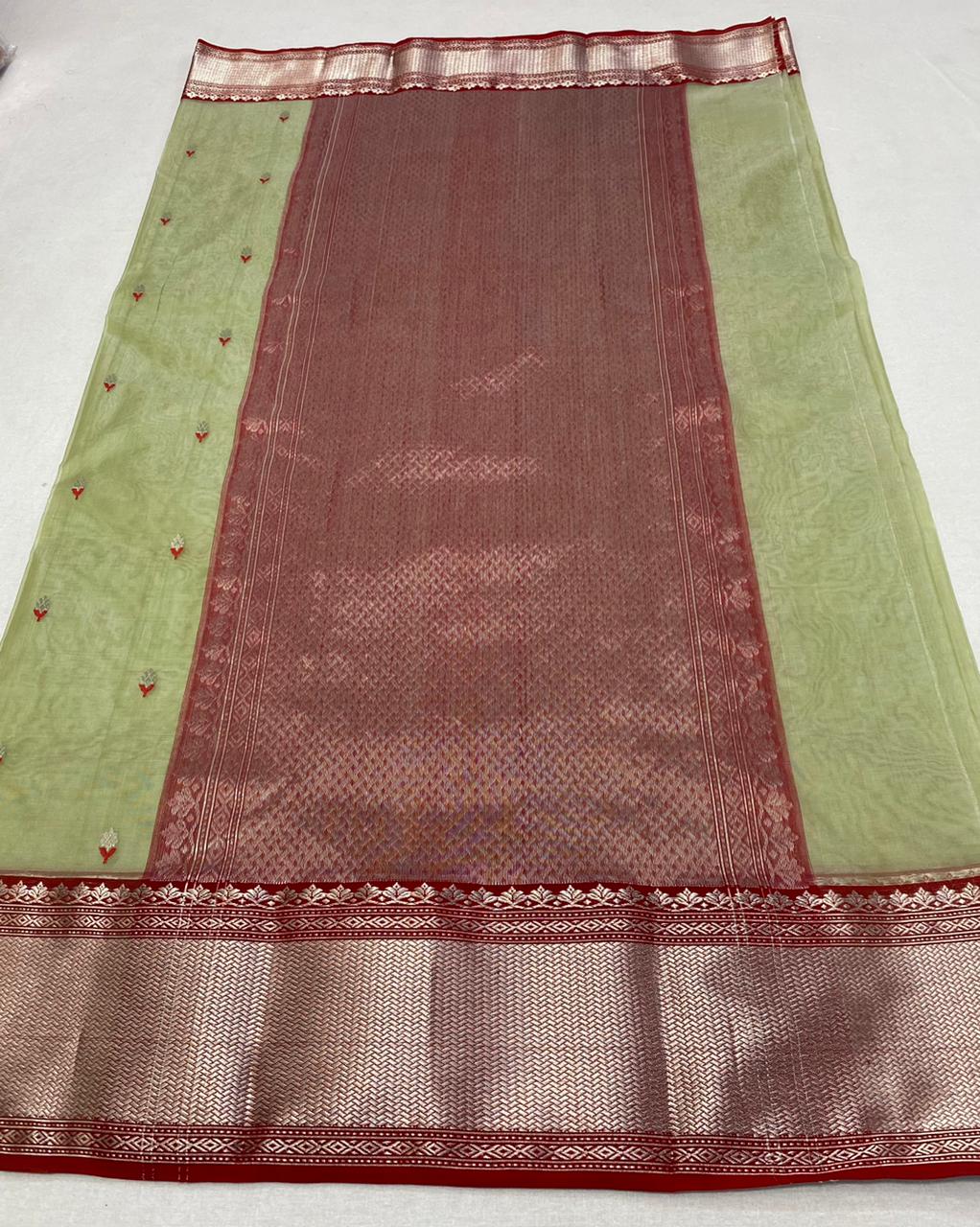 Handwoven Green Green Smoke Color Organza Chanderi Katan Silk Saree - Authentic Chanderi silk sarees Chanderi Saree - View 3