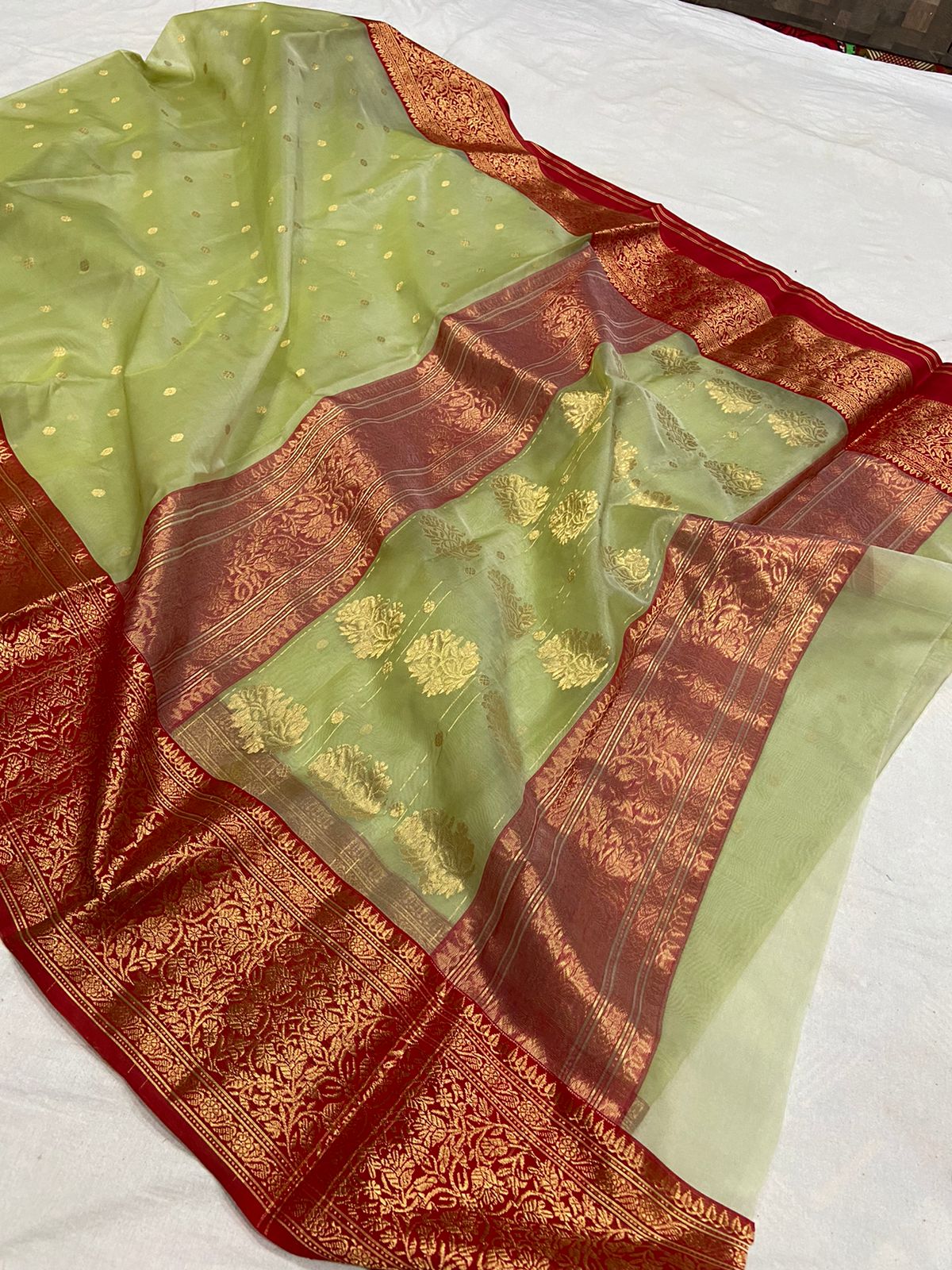 Handwoven Green Green Smoke Color Organza Chanderi Katan Silk Saree - Authentic Chanderi silk sarees Chanderi Saree