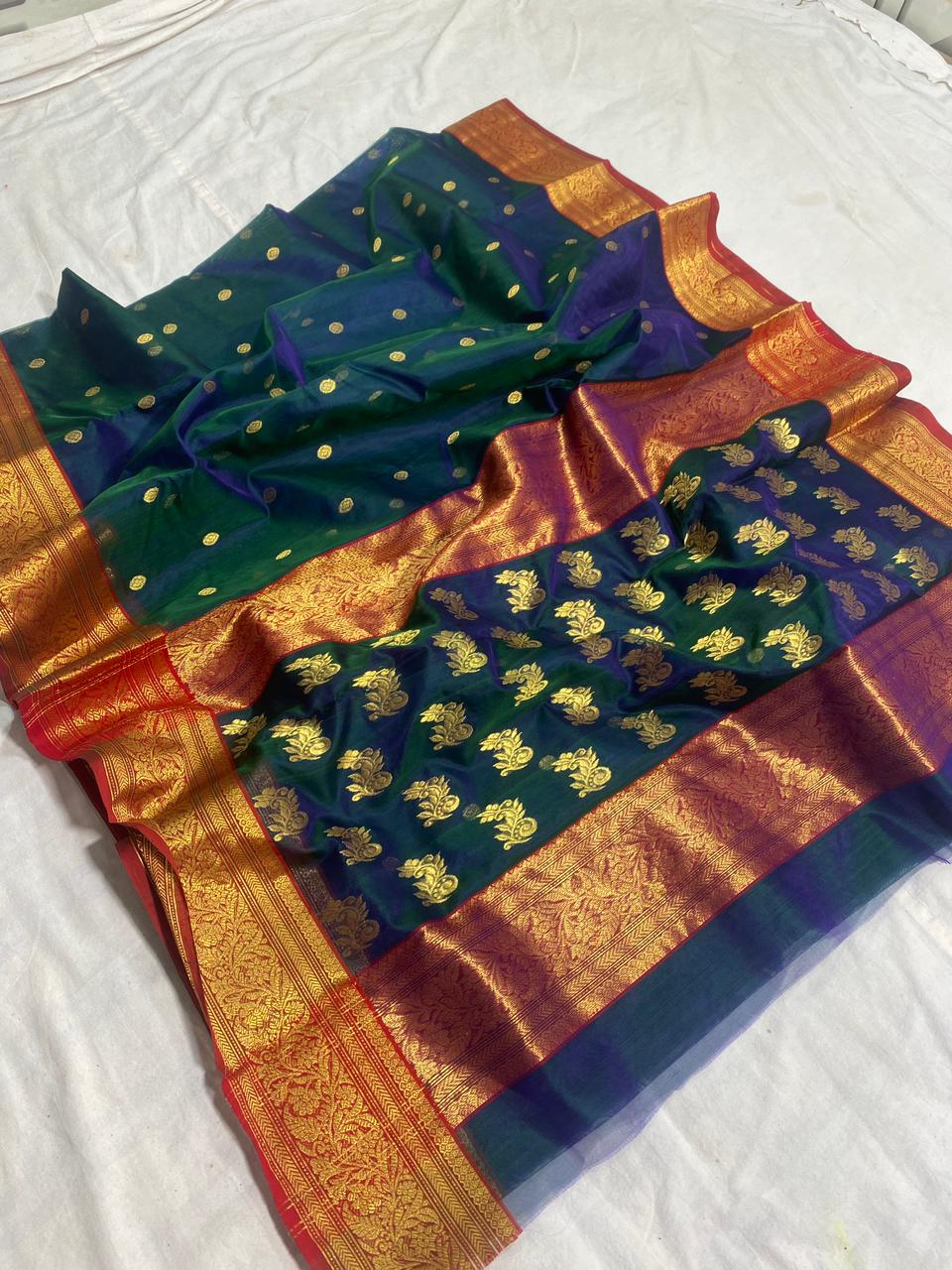 Handwoven Green Green Vogue Color Organza Chanderi Katan Silk Saree - Authentic Chanderi silk sarees Chanderi Saree - View 1