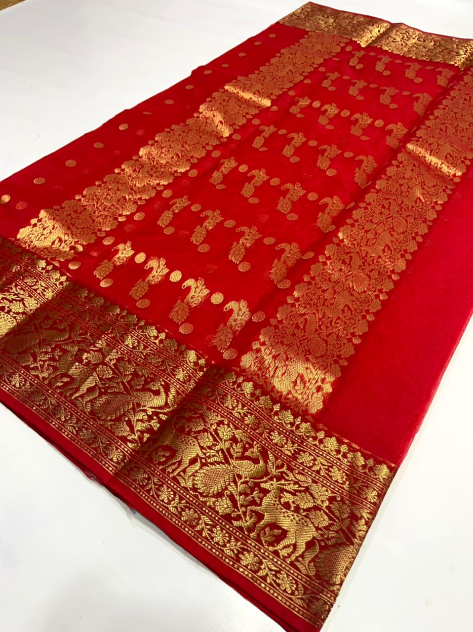 Handwoven Red Guardsman Red Color Organza Chanderi Katan Silk Saree - Authentic Chanderi silk sarees Chanderi Saree - View 1