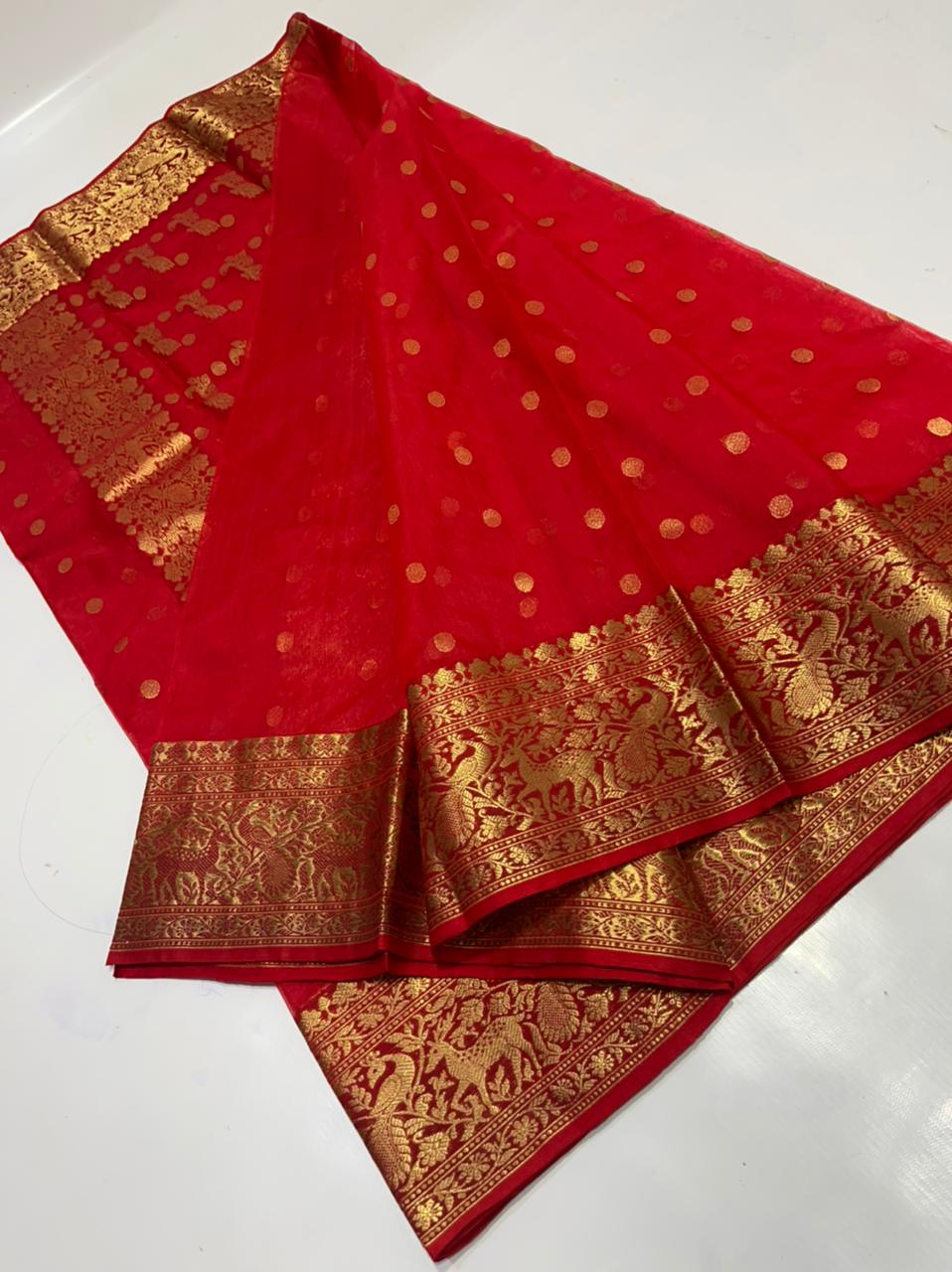 Handwoven Red Guardsman Red Color Organza Chanderi Katan Silk Saree - Authentic Chanderi silk sarees Chanderi Saree - View 2