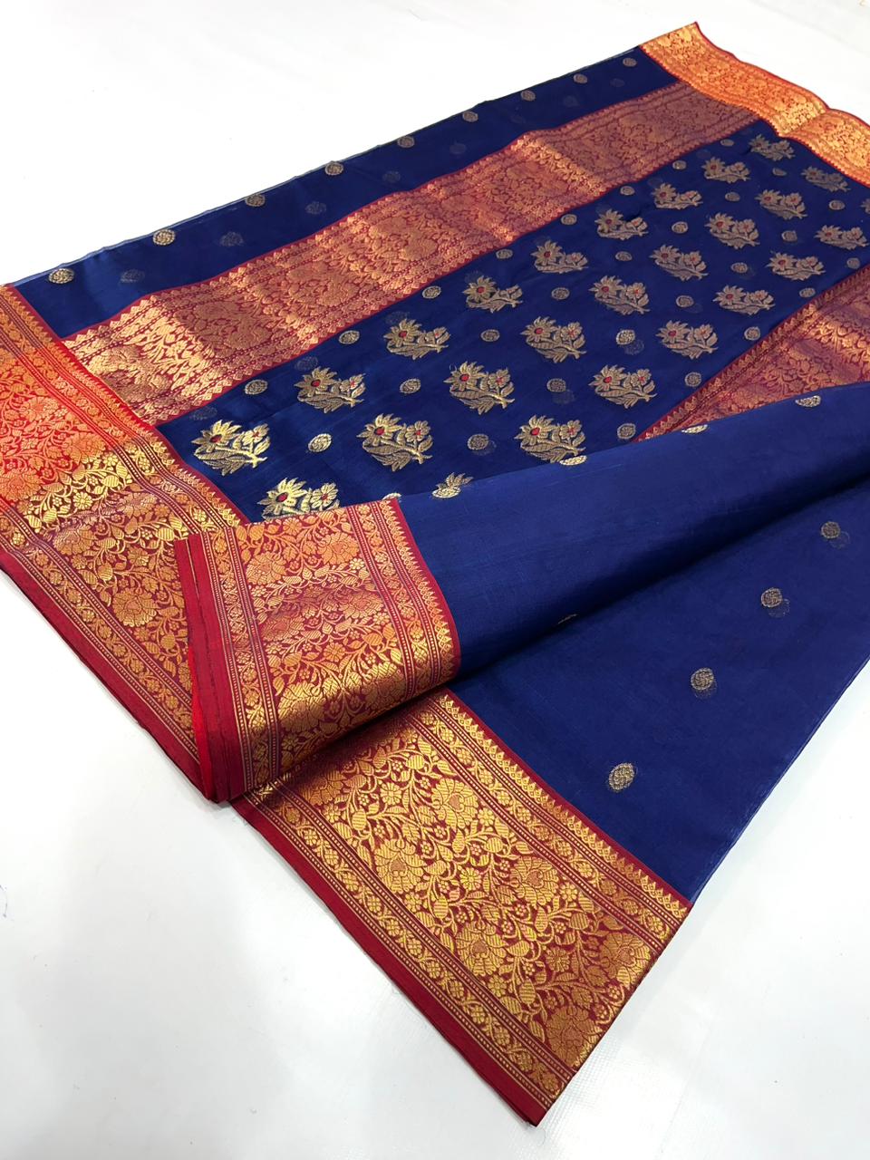 Handwoven Blue Gulf Blue Color Organza Chanderi Katan Silk Saree - Authentic Chanderi silk sarees Chanderi Saree - View 2