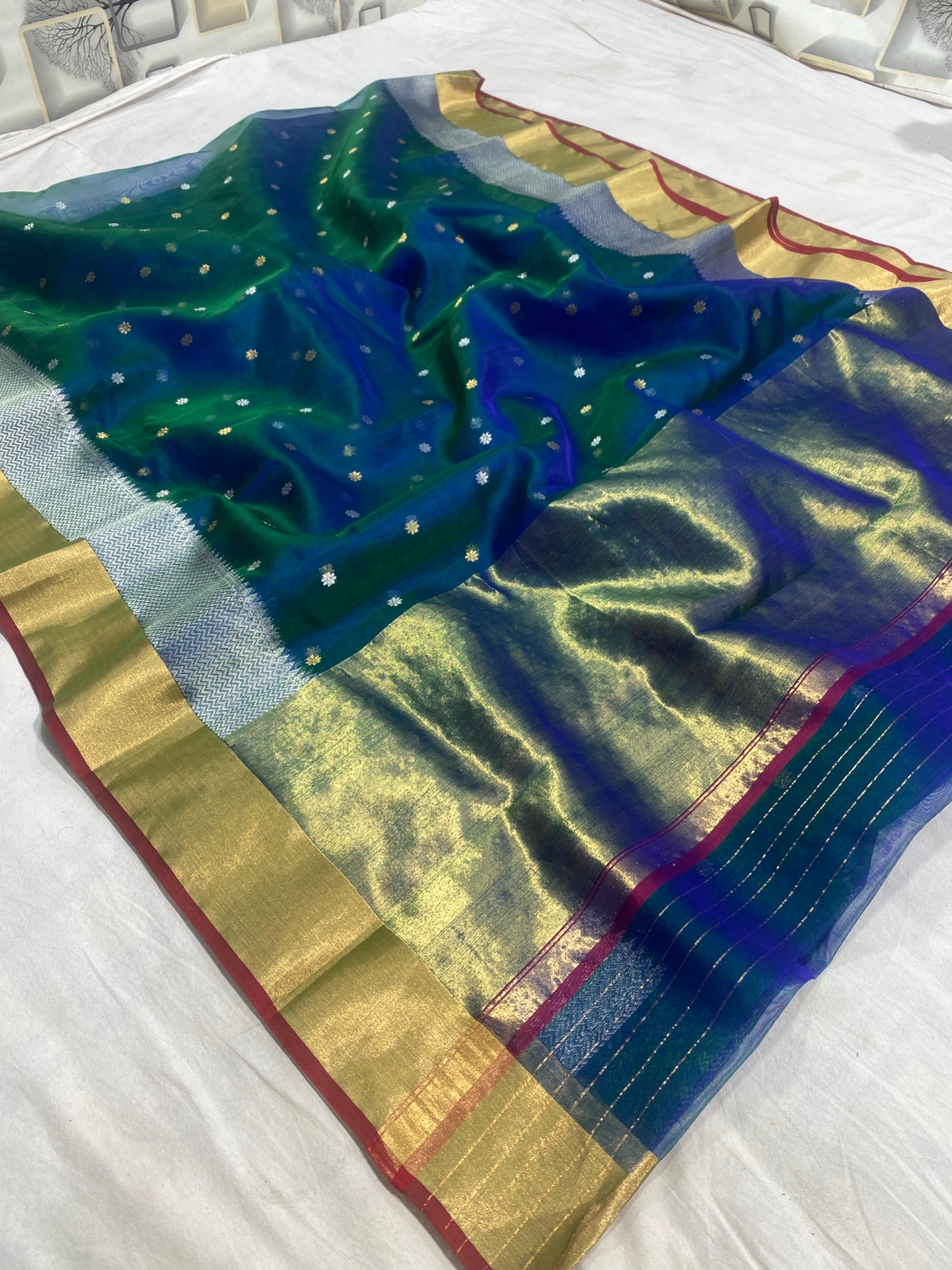 Handwoven Blue Gulf Blue Color Organza Chanderi Katan Silk Saree - Authentic Chanderi silk sarees Chanderi Saree - View 1