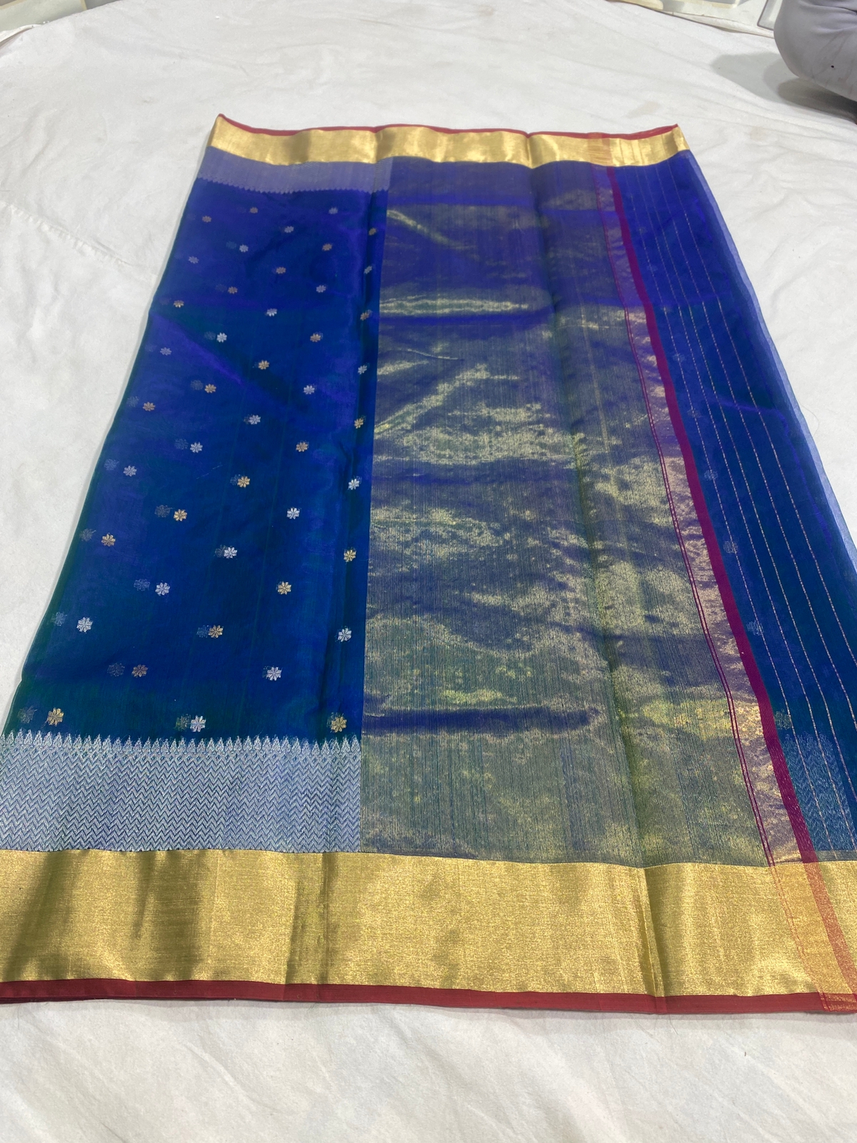 Handwoven Blue Gulf Blue Color Organza Chanderi Katan Silk Saree - Authentic Chanderi silk sarees Chanderi Saree - View 2