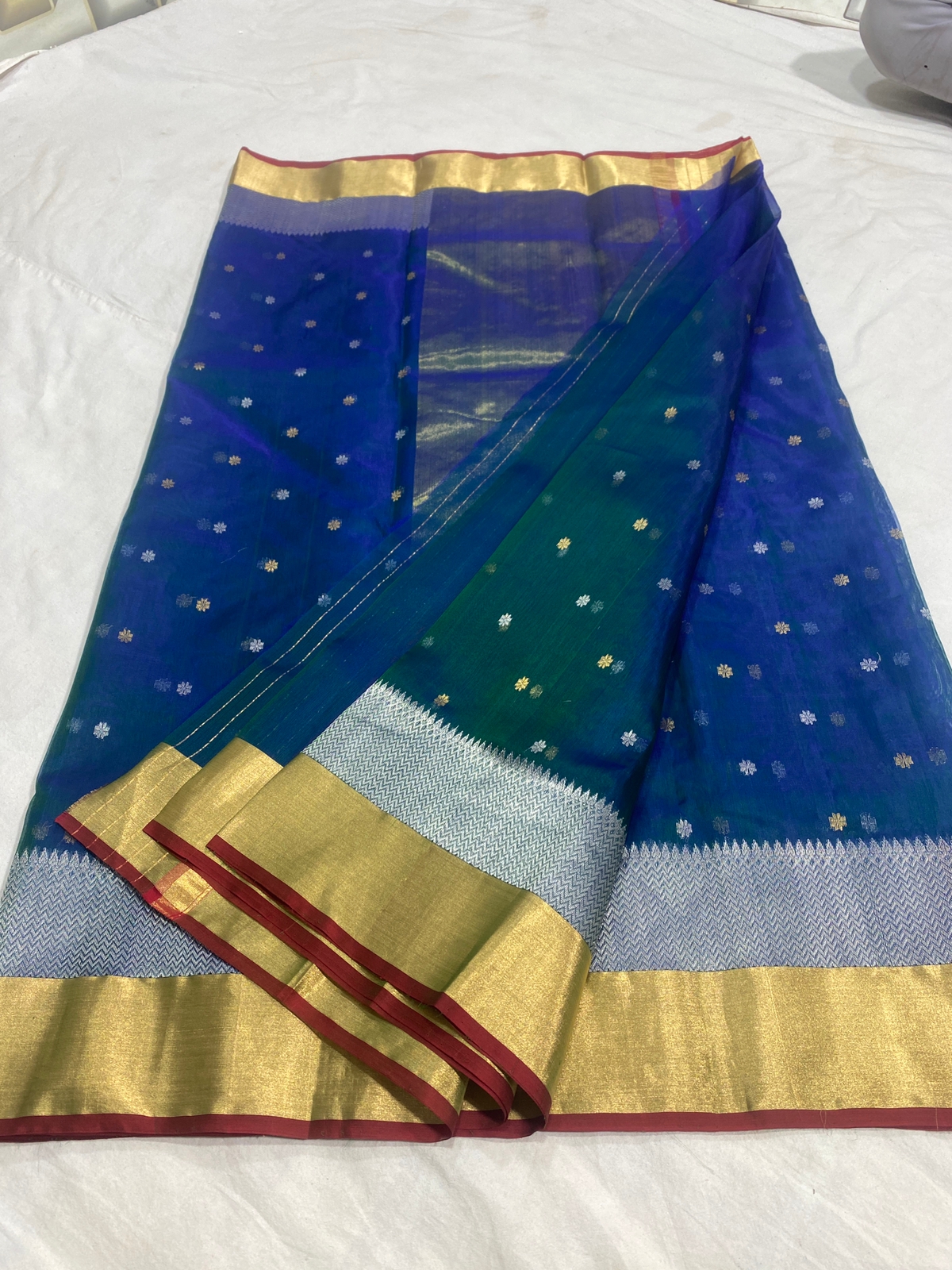 Handwoven Blue Gulf Blue Color Organza Chanderi Katan Silk Saree - Authentic Chanderi silk sarees Chanderi Saree - View 3